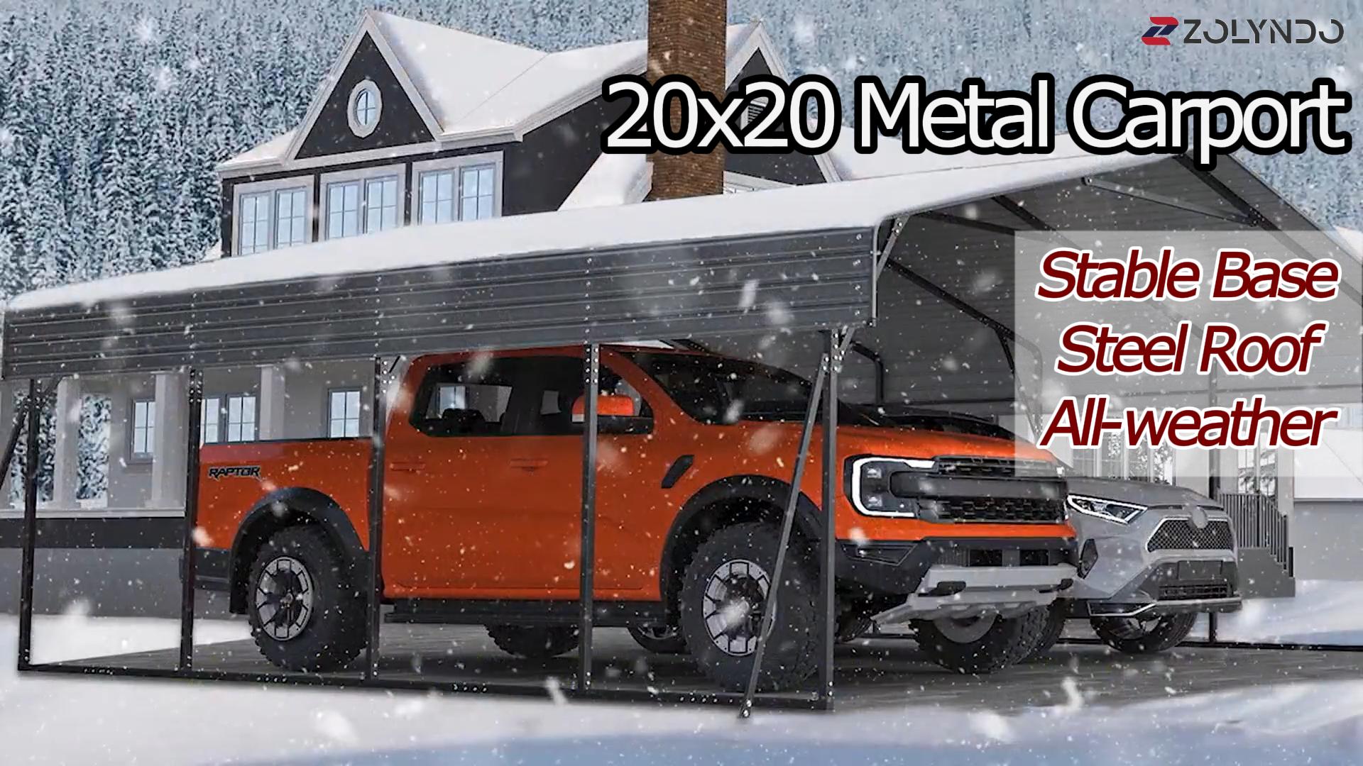 thumbnail video image 2 of Zolyndo 20x20FT Heavy Duty Metal Carport with Galvanized Steel Roof, Outdoor Shelter for Cars, Trucks, Boats, Dark Gray, 2 of 9