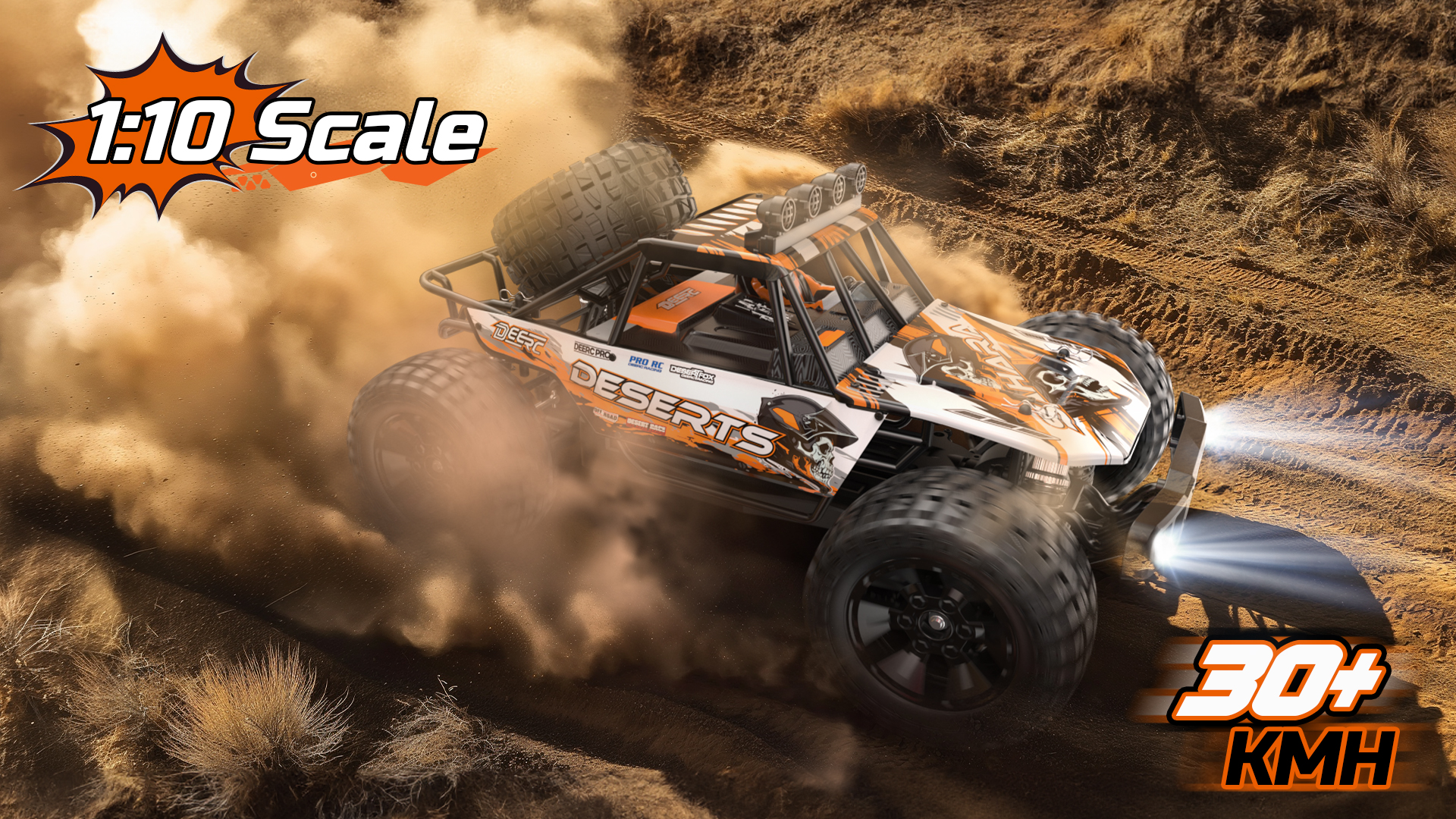 thumbnail video image 2 of DEERC 1:10 Scale RC Car for Adults & Boys, 48KM/H Speed 4X4 Hobby RC Monster Truck with Lights, 2 Rechargeable Batteries, 2.4 GHz All Terrain Remote Control Car Toys for 30mins Fun, 2 of 9