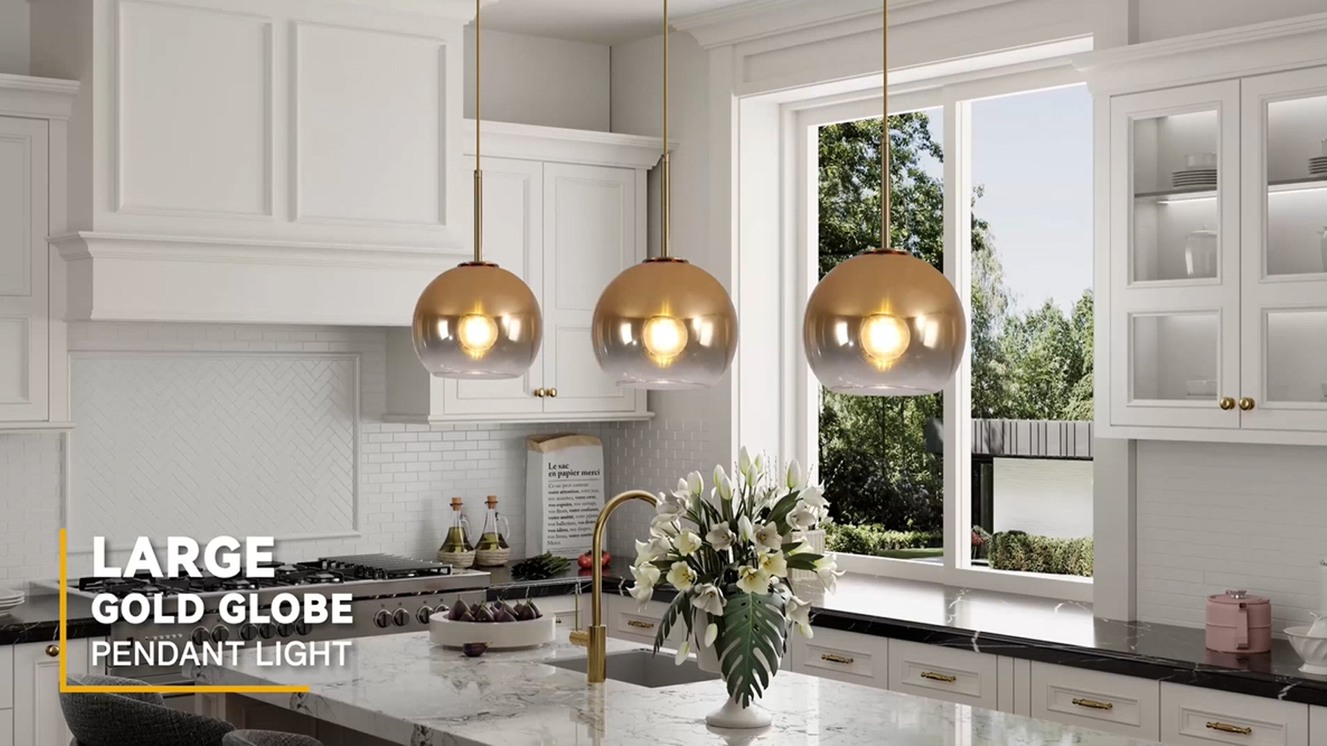 thumbnail video image 2 of KCO Lighting Modern Glass Pendant Lights, Large Gold Globe Pendant Light, Mid Century Single Kitchen Island Hang Lamp, 2 of 8