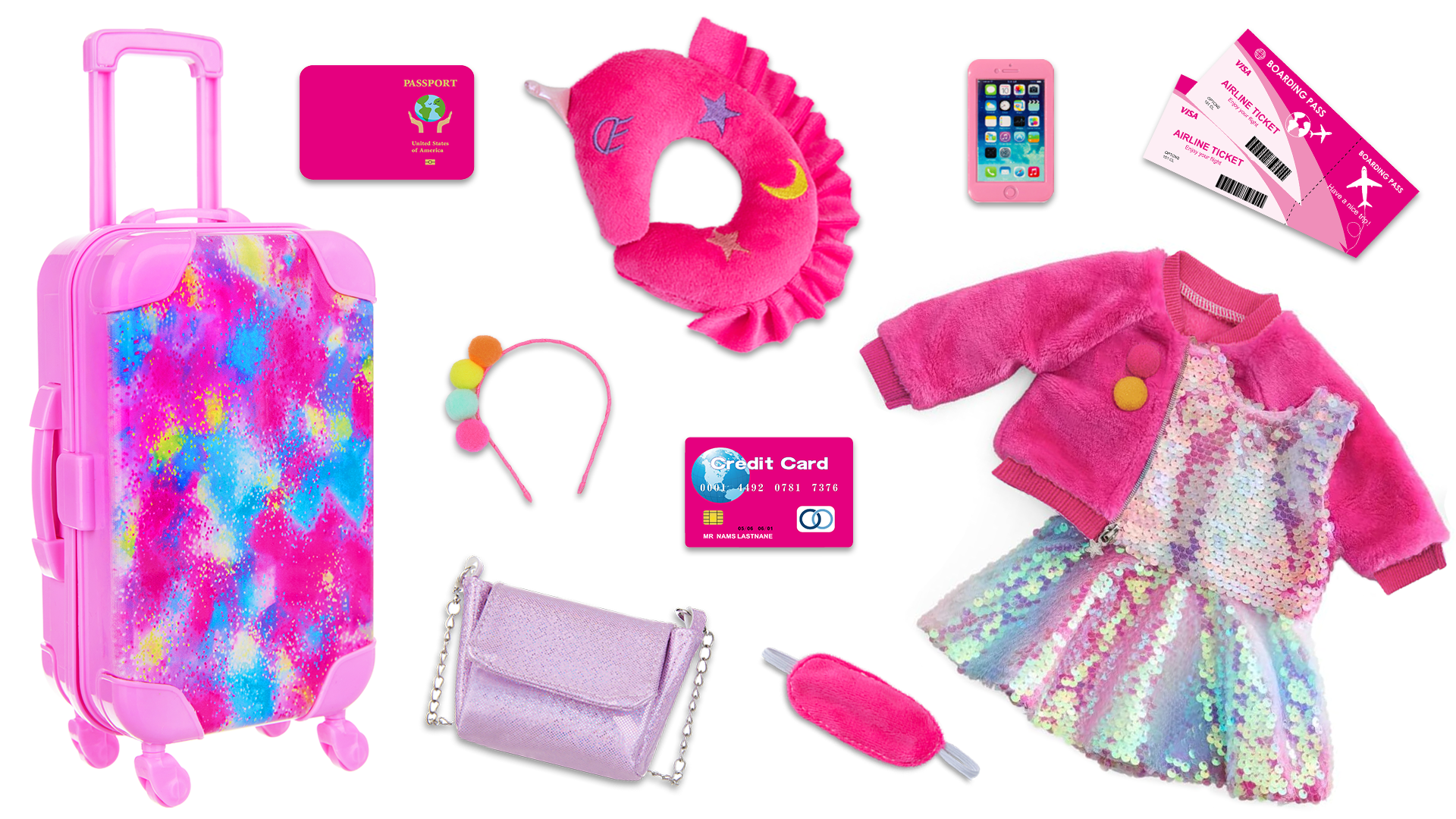 thumbnail video image 2 of K.T. Fancy American 18 Inch Doll Clothes and Accessories, Doll Travel Suitcase Playset for Girls, Cute Travel Doll Clothes and Stuff for 18 Inch Doll (Not Include Doll), 2 of 7