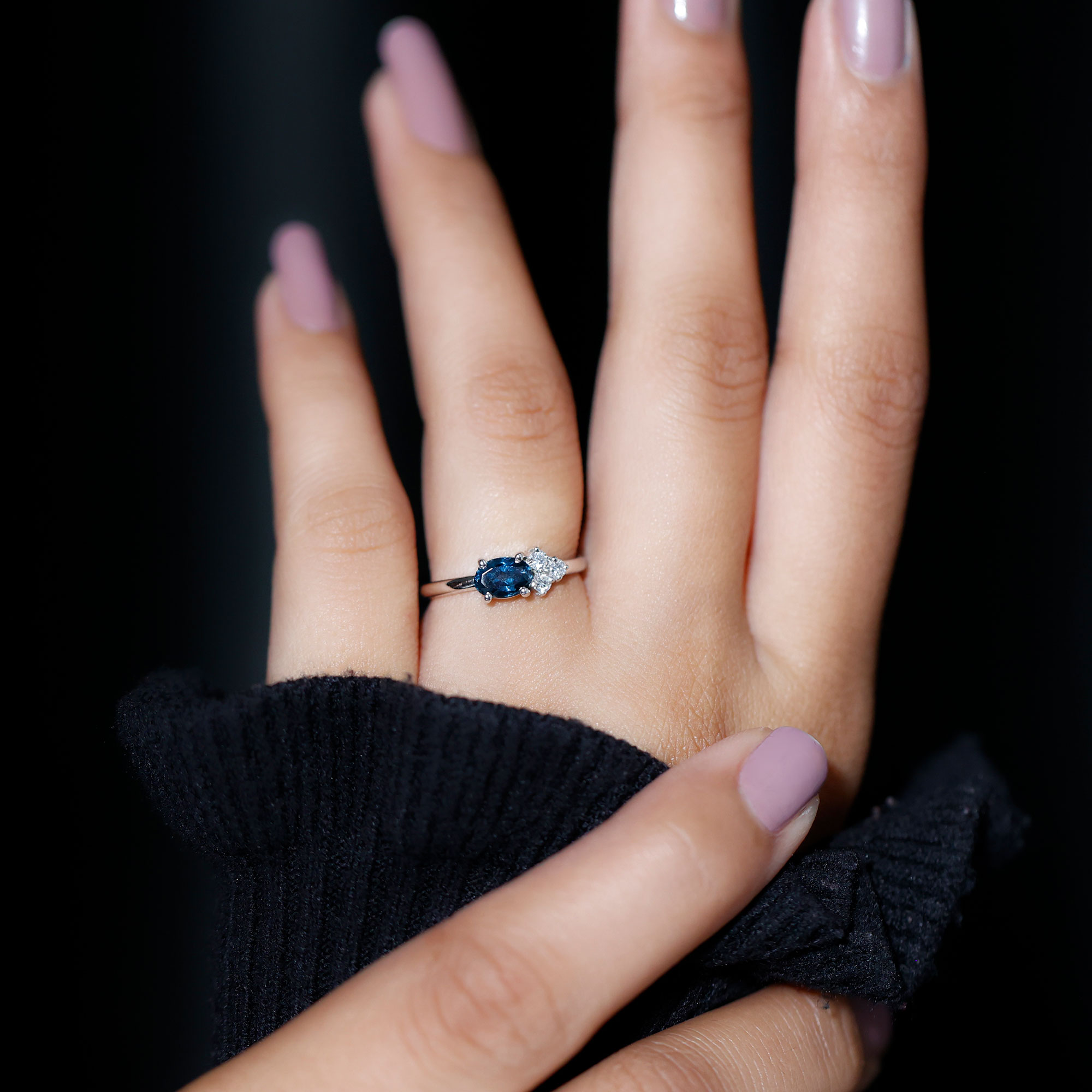 thumbnail video image 2 of Rosec Jewels 3/4 CT Oval Cut London Blue Topaz Promise Ring with Diamond Trio, 925 Sterling Silver, US 4.00, 2 of 9