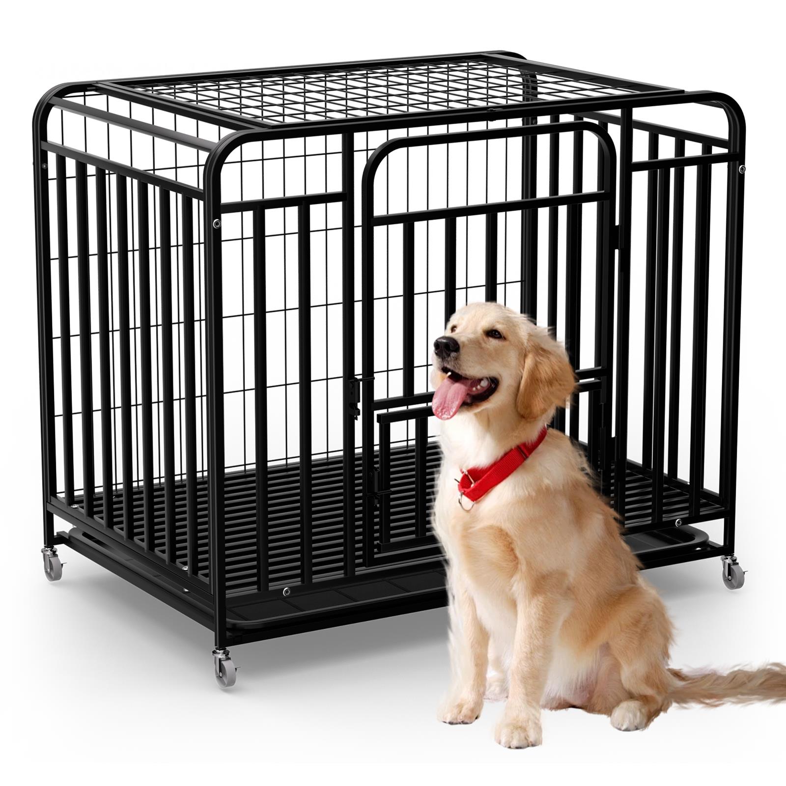 thumbnail video image 2 of 42 Inch Dog Crate Kennel with Wheels, 200lbs Capacity Escape Proof Dog Cage, with Removable Plastic Tray,Black, 2 of 9