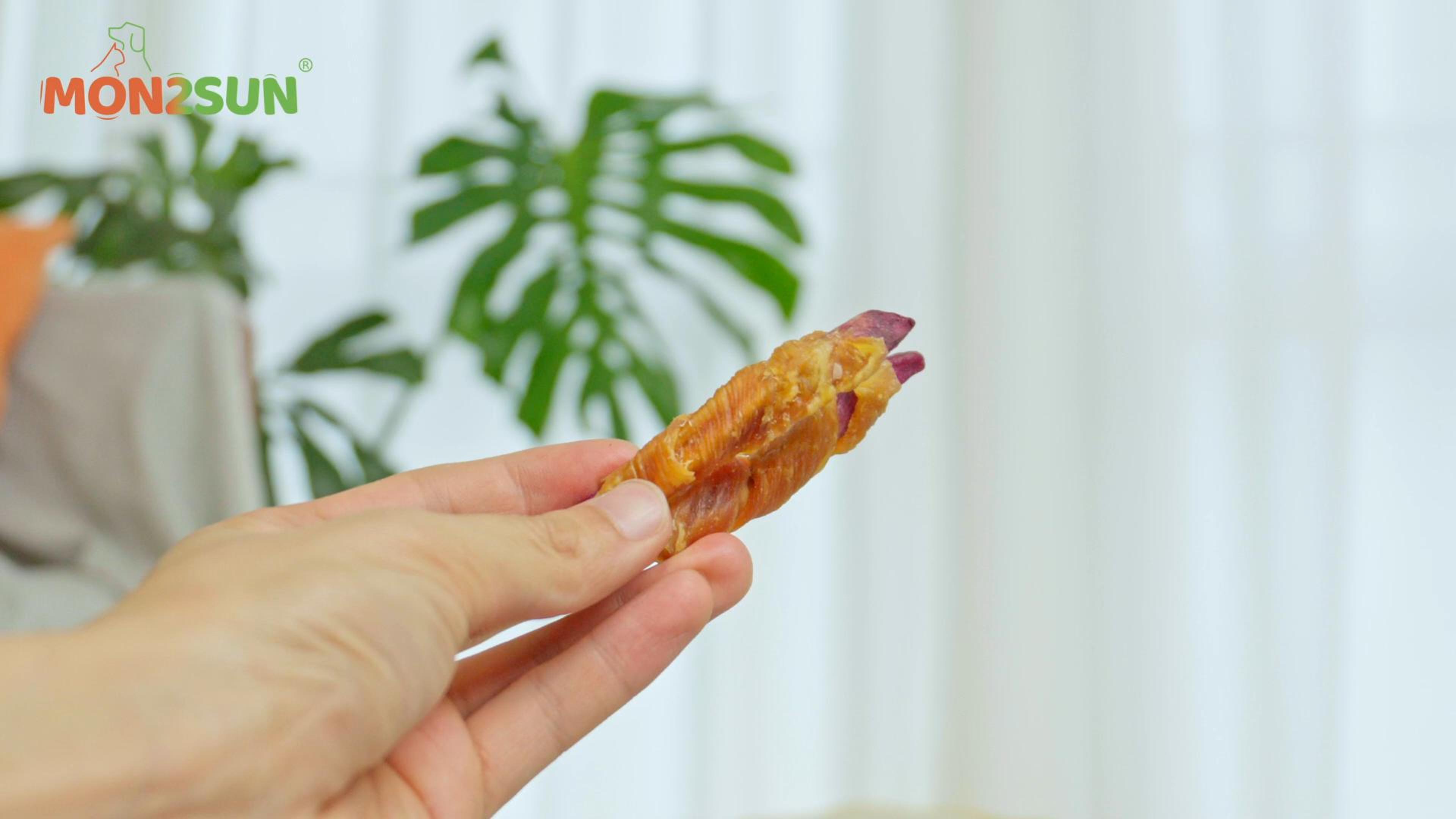 thumbnail video image 2 of MON2SUN Chicken Wrapped Purple Sweet Potato Small Dog Treats, 10.6oz (30 Count), 2 of 8
