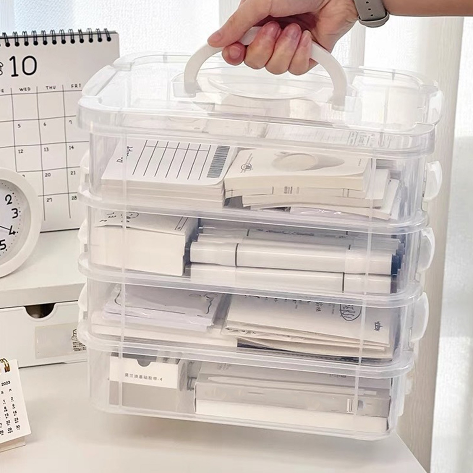 thumbnail video image 2 of 4-Layer Stackable Desktop Storage Box, Plastic Layered Storage Organizer, Handle Buckle Design for Secure Stacking, Large Opening Access, Minimalist Style for Office Desk Organization, White, 1pc, 2 of 5