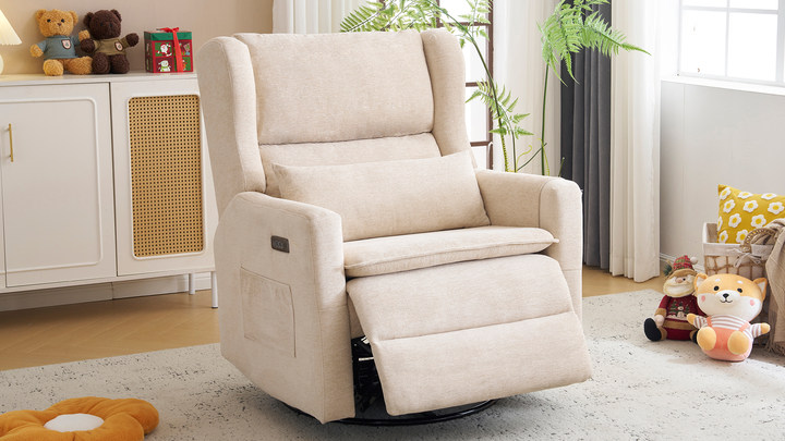 thumbnail video image 2 of Oversized Swivel Rocker Recliner Chair, 26" Extra Wide Glider Nursery Chair with Adjustable Headrest, Chenille Power Recliner Rocking with Double Cushion, Cup Holder, Grey, 2 of 10