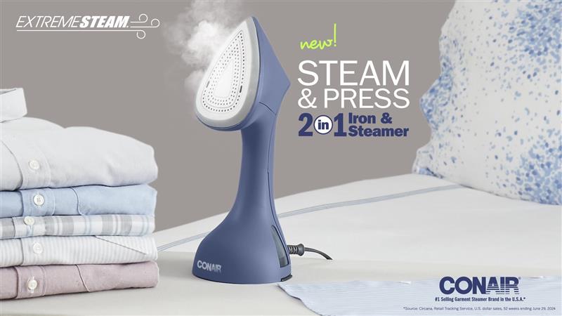 thumbnail video image 3 of Conair ExtremeSteamir 2-in-1 Steam and Press, Garment Steamer and Iron for Clothes, 1700W, 30-Second Heat Up, Detachable Water Tank, Blue, 3 of 19