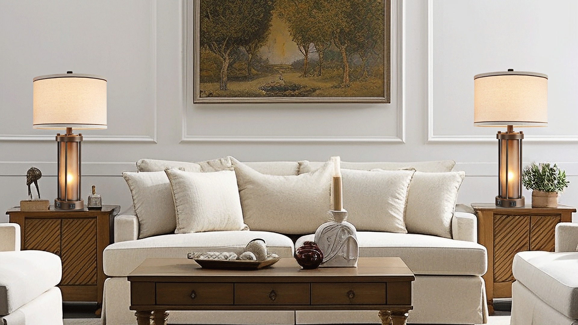 thumbnail video image 2 of RORIA 24”Living Room Table Lamp Set of 2, Modern Farmhouse Style, Antique Bronze, Features Dual USB Charging Ports and Night Light, Suitable for Bedrooms and Bedside Tables, 2 of 9