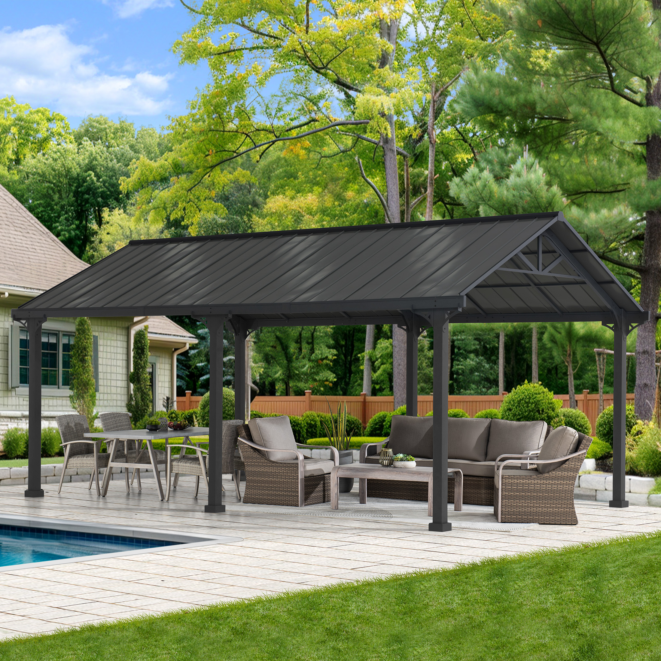 thumbnail video image 2 of AutoCove 12x20 Metal Carport, Gray Steel Frame Gable Roof Gazebo, Outdoor Living Pavilion with 2 Ceiling Hooks, 2 of 11