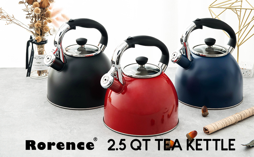 thumbnail video image 2 of Rorence Whistling Stovetop Tea Kettle 2.5 Quart Stainless Steel Hot Water Tea Pot with Capsule Bottom and Glass Lid, Navy Blue, 2 of 8