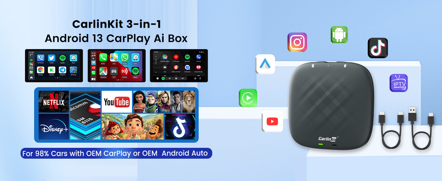 thumbnail video image 2 of CarlinKit TBOX S1,Android 13 Wireless CarPlay AiBox/Android Auto,Built-in GPS,Use for Car with Factory Wired CP/AA and Touchscreen,App Download,Support Video, 2 of 8