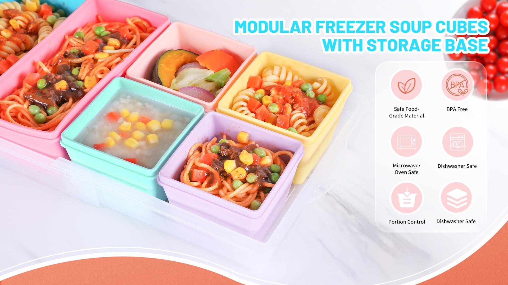 thumbnail video image 2 of Mrsdry BPA-Free Silicone Freezer Molds with Base, Individual 8-Pack 1-Cup Portion Soup Cubes Freezer Tray with Lids for Food Storage, Oven & Dishwasher Safe, Silicone Freezer Containers for Meal Prep, 2 of 10