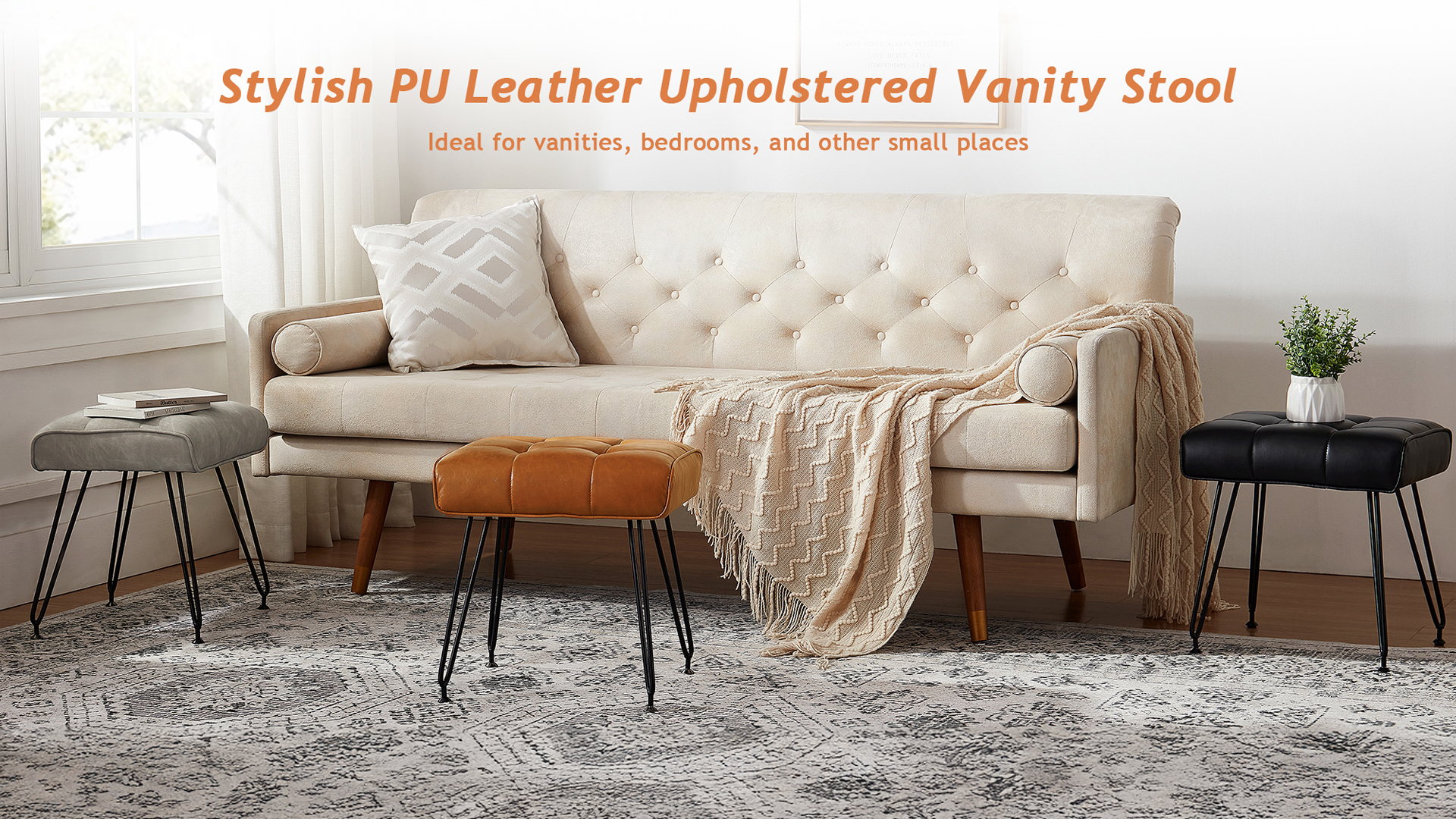 thumbnail video image 2 of Ebenchico Faux Leather Upholstered Vanity Stool with 4 Metal Legs PU Footstools for Makeup Bedroom Entryway, Whiskey Brown, 2 of 13