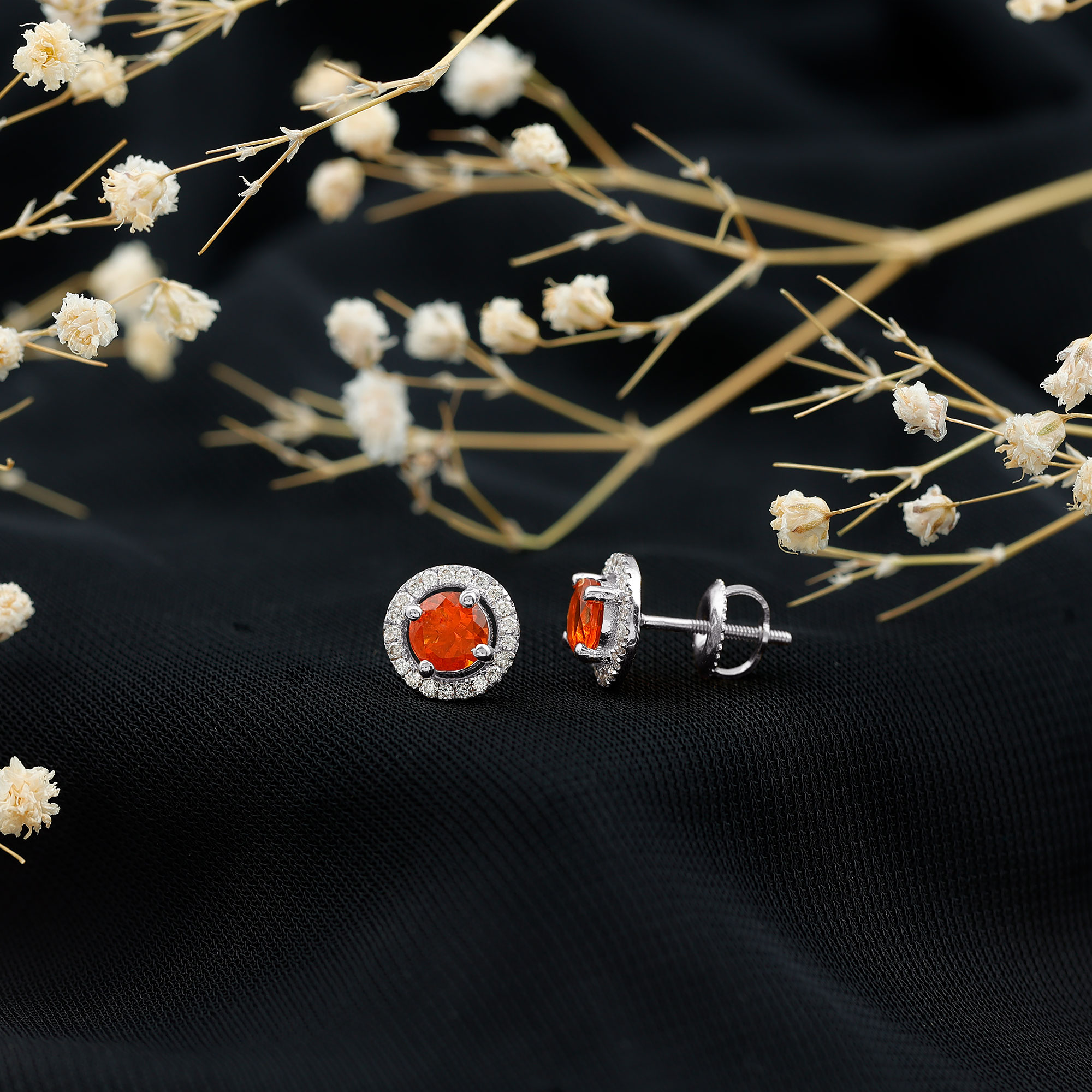 thumbnail video image 2 of Rosec Jewels Round Shape Fire Opal Stud Earrings with Diamond Halo for Women (AAA Grade), 18K Yellow Gold, 2 of 10