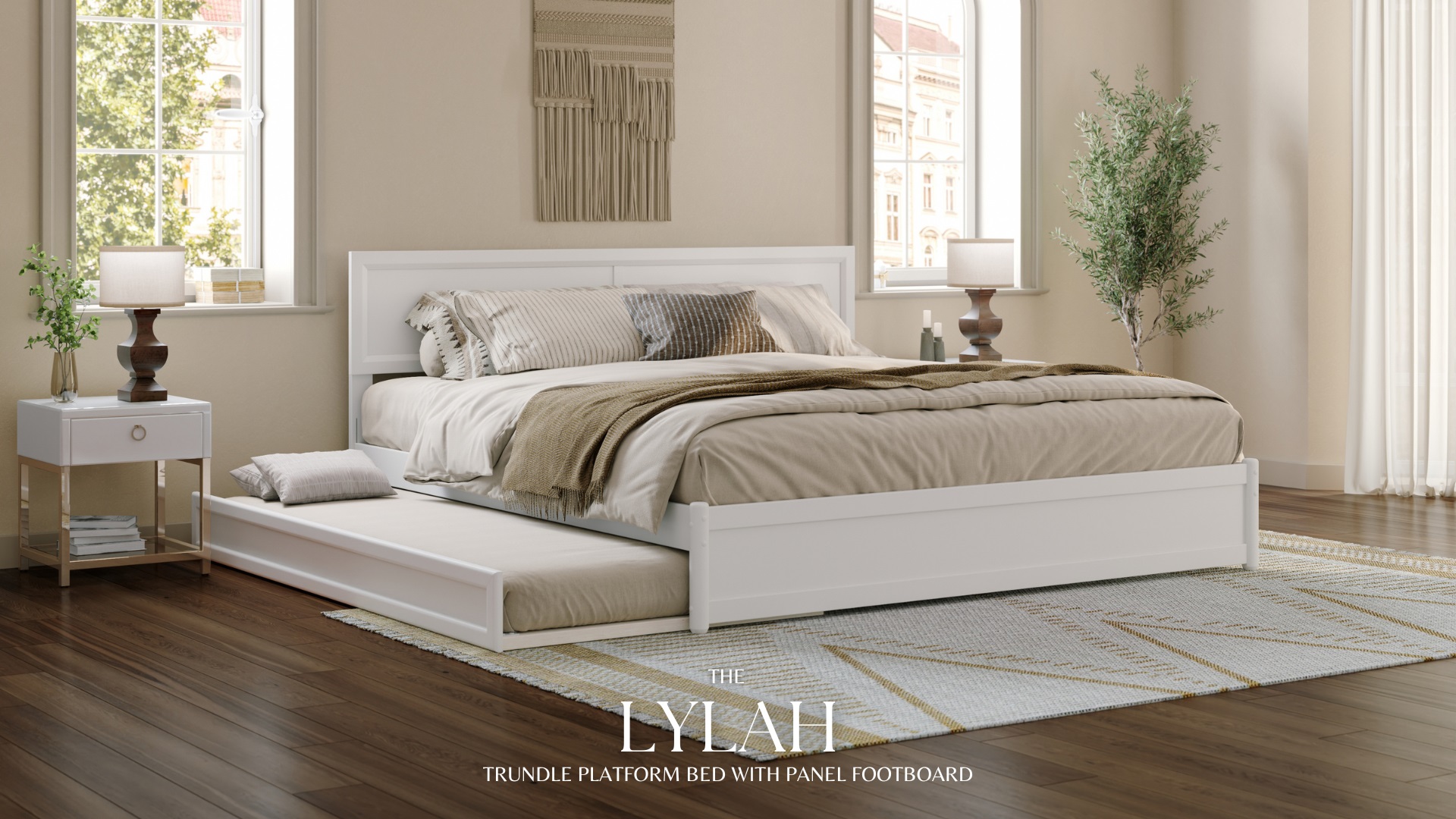 thumbnail video image 2 of AFI Lylah King Wood Platform Bed with Panel Footboard and Twin-XL Trundle, Walnut, 2 of 17