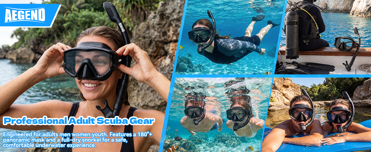 thumbnail video image 2 of AEGEND 2 Pack Adult Snorkel Combo, Tempered Glass Mask - Light Blue & Pink, 2 of 7