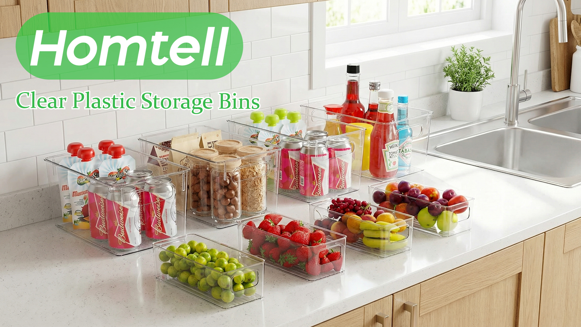 thumbnail video image 2 of 8 Pack Clear Plastic Storage Bins with Handles, 4 Large & 4 Small Stackable Organizer Bins for Fridge, Pantry, Kitchen, Non-Slip Bottom Transparent Storage Containers, 2 of 8