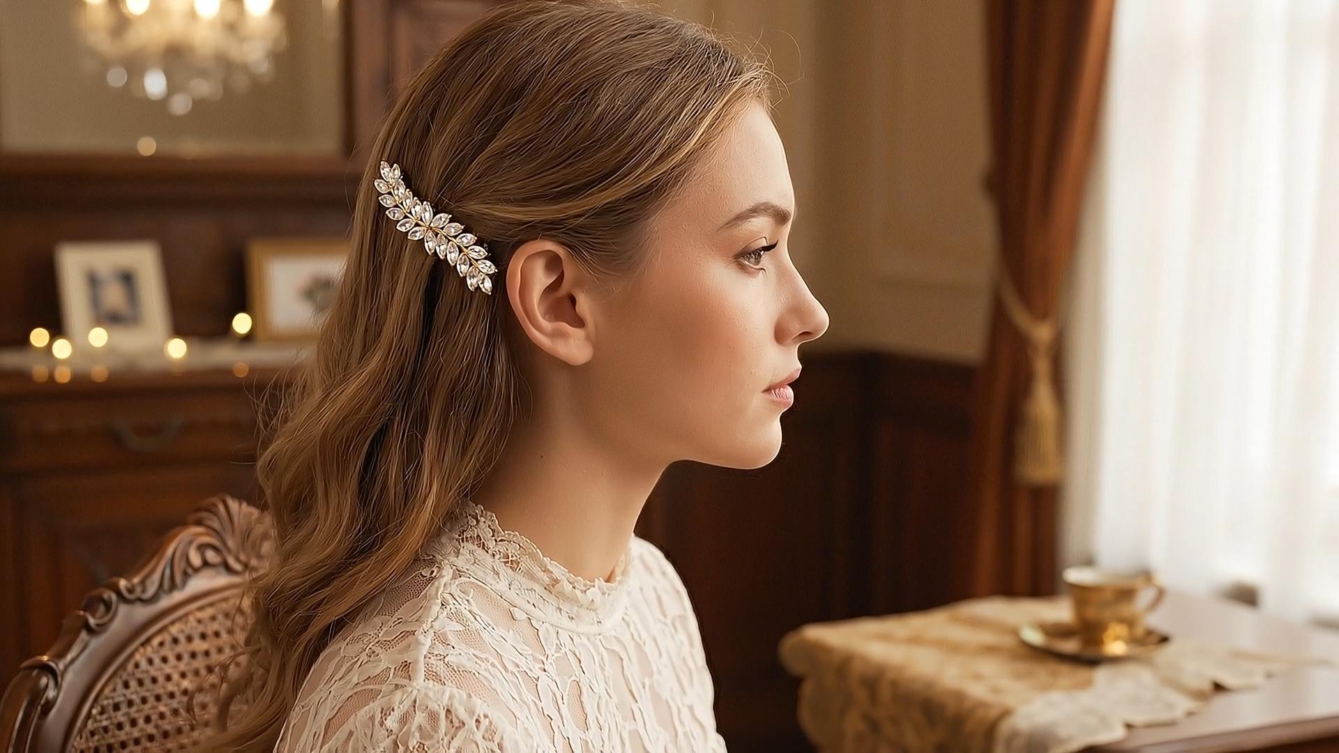 thumbnail video image 2 of MIALLO Luxury Marquise Cubic Zirconia Hair Barrette, Sparkly Crystal Leaf Hair Clip for Wedding, Party, Daily Wear, Perfect Gift for Women, 2 of 8
