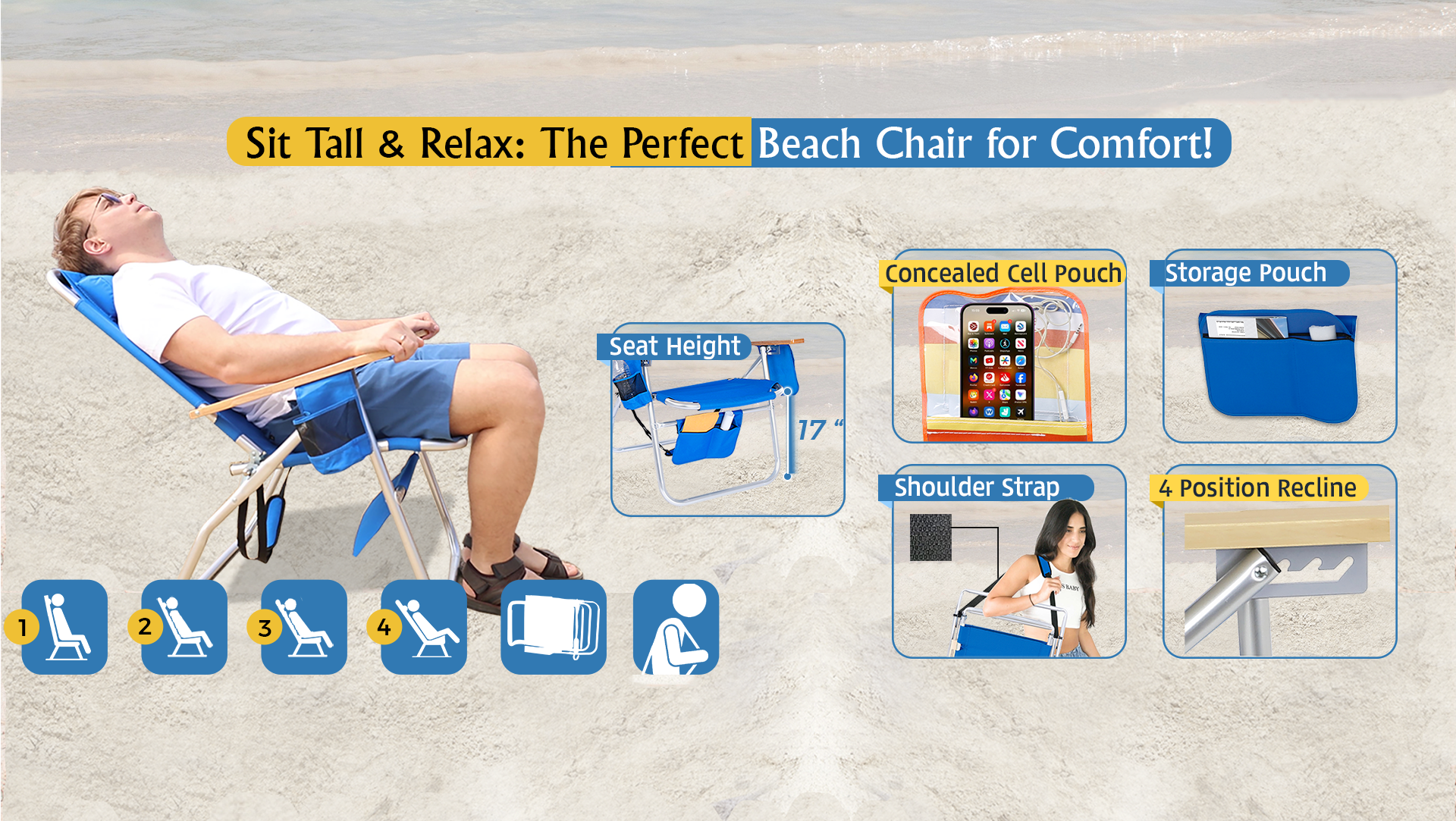 thumbnail video image 2 of Deluxe 17" Seat Height Beach Chair for Adults – Heavy Duty, Tall Beach Chair, Wide Design, XL High of the Ground | 300 lbs Capacity, 2 of 9