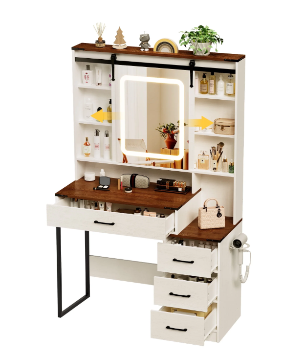 thumbnail video image 2 of Bifanuo Farmhouse Vanity Desk with Mirror, LED Lights and Power Outlet, Makeup Vanity Table with 4 Drawers and 6 Storage Shelves, Girls Dressing Table for Bedroom Dressing Room, 2 of 8