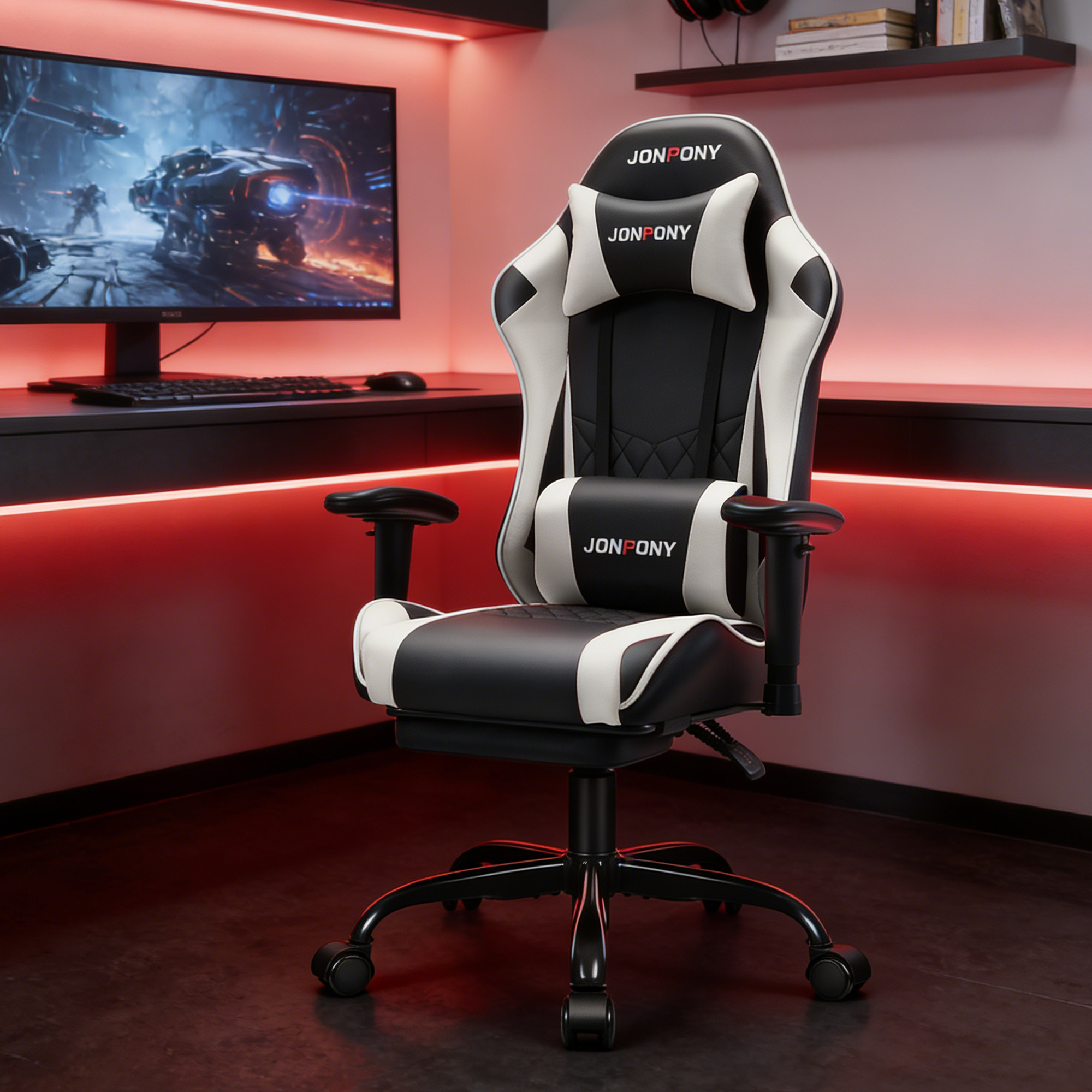 thumbnail video image 2 of JONPONY Big and Tall 500LBS Gaming Chair, Ergonomic Design with 2D Armrests,PU Leather with Footrest and Lumbar Support, High Back Office Chair Support 8 Hours Long Sitting, Computer Chair,White, 2 of 8