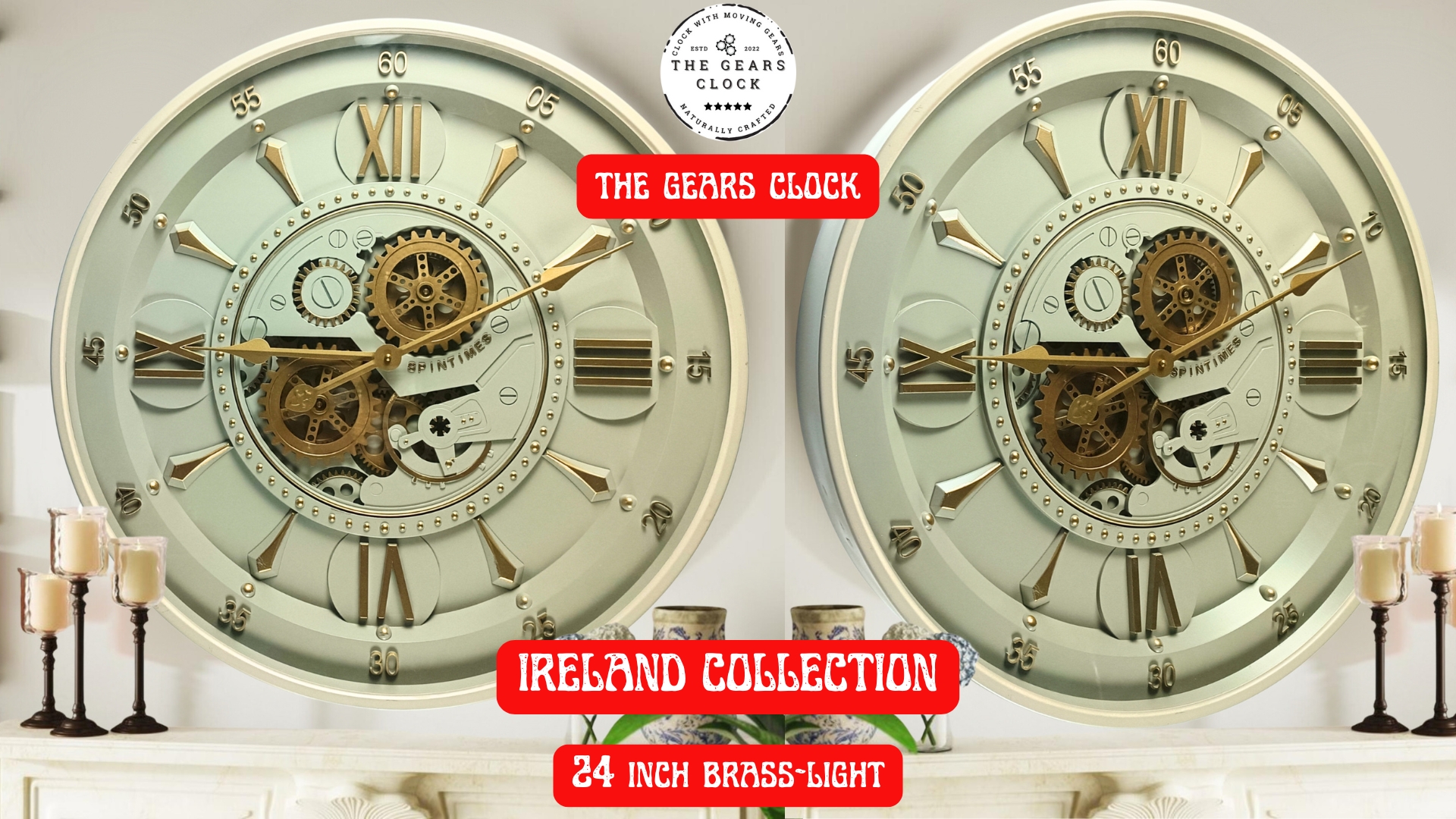 thumbnail video image 2 of THE GEARS CLOCK Wall Clock with Real Moving Gears IR-LI_ 24 in Round BRASS-LIGHT, 2 of 14