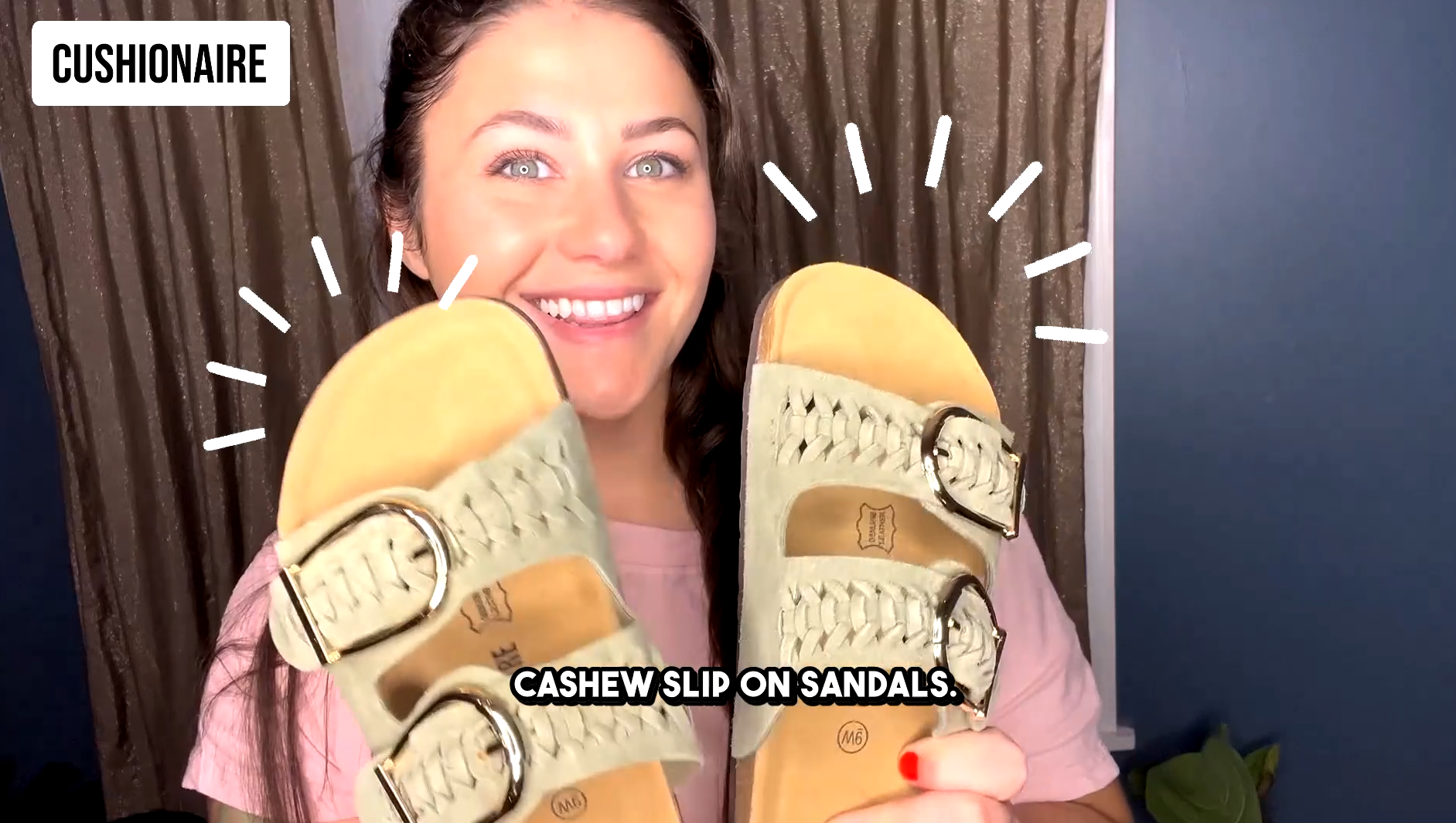 thumbnail video image 2 of Cushionaire Cashew Slip On Genuine Suede Leather Womens Sandals - Braided Double-Strap Design with Adjustable Big Buckle | Sandals for Women, 2 of 26