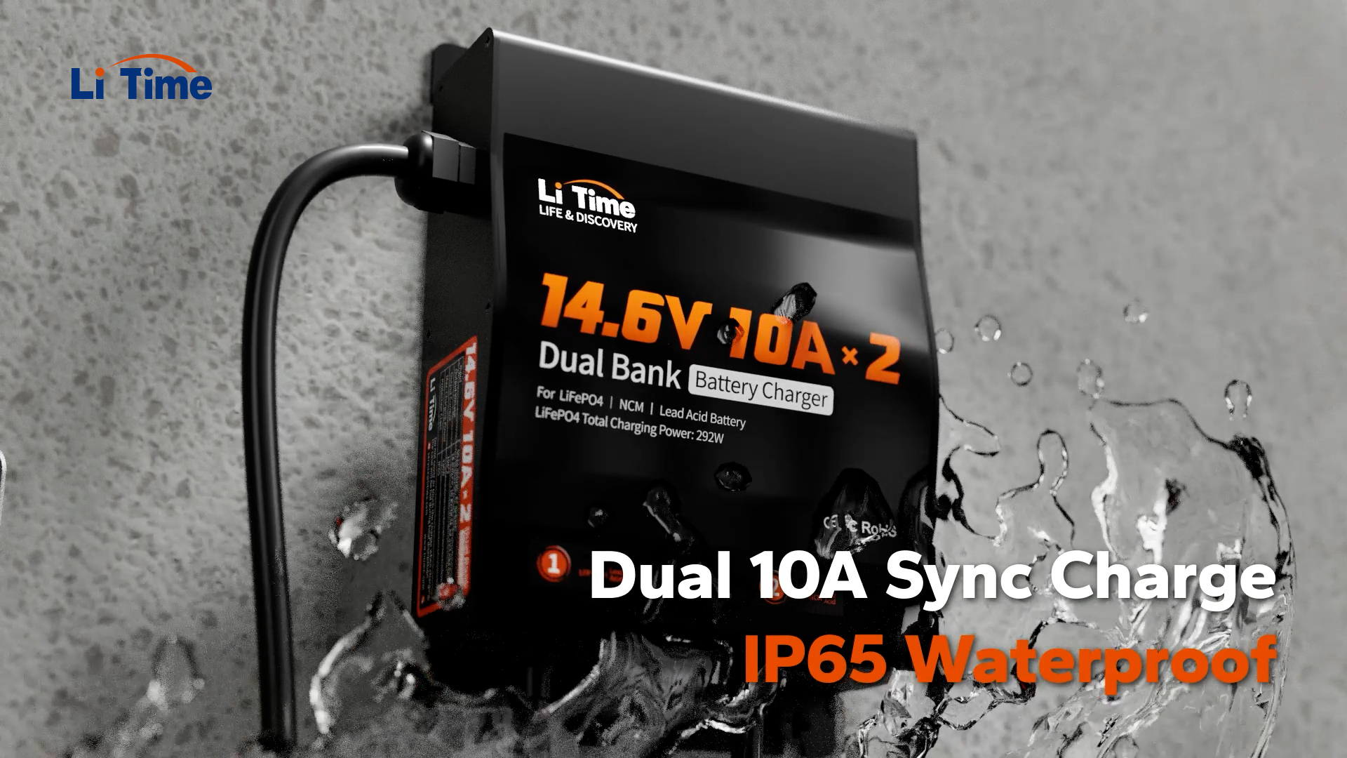 thumbnail video image 2 of LiTime 2 Bank 12V 10A Battery Charger Waterproof Fast Charging, 4 Safety Protections, 2 of 9
