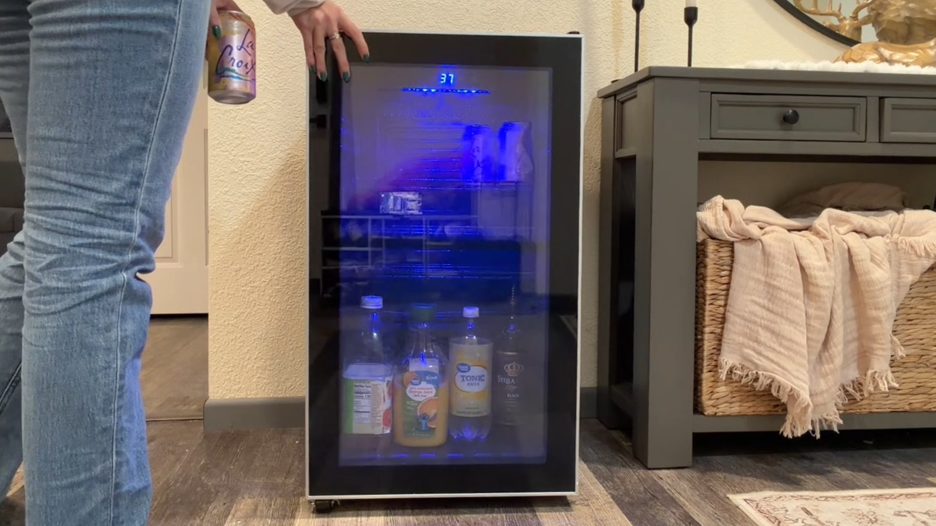 thumbnail video image 2 of JIEJIA Mini Fridge with Touch Control Panel, 120-Can Small Beverage Refrigerators with Glass Door and Removable Shelves for Soda Beer or Wine, 3.5 Cu.ft, 2 of 9