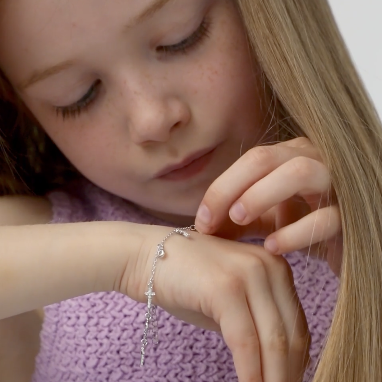 thumbnail video image 2 of 6"-7" Cross Charm & Clear CZ Kids / Teen Bracelet - Sterling Silver Bracelet 6", 2 of 6