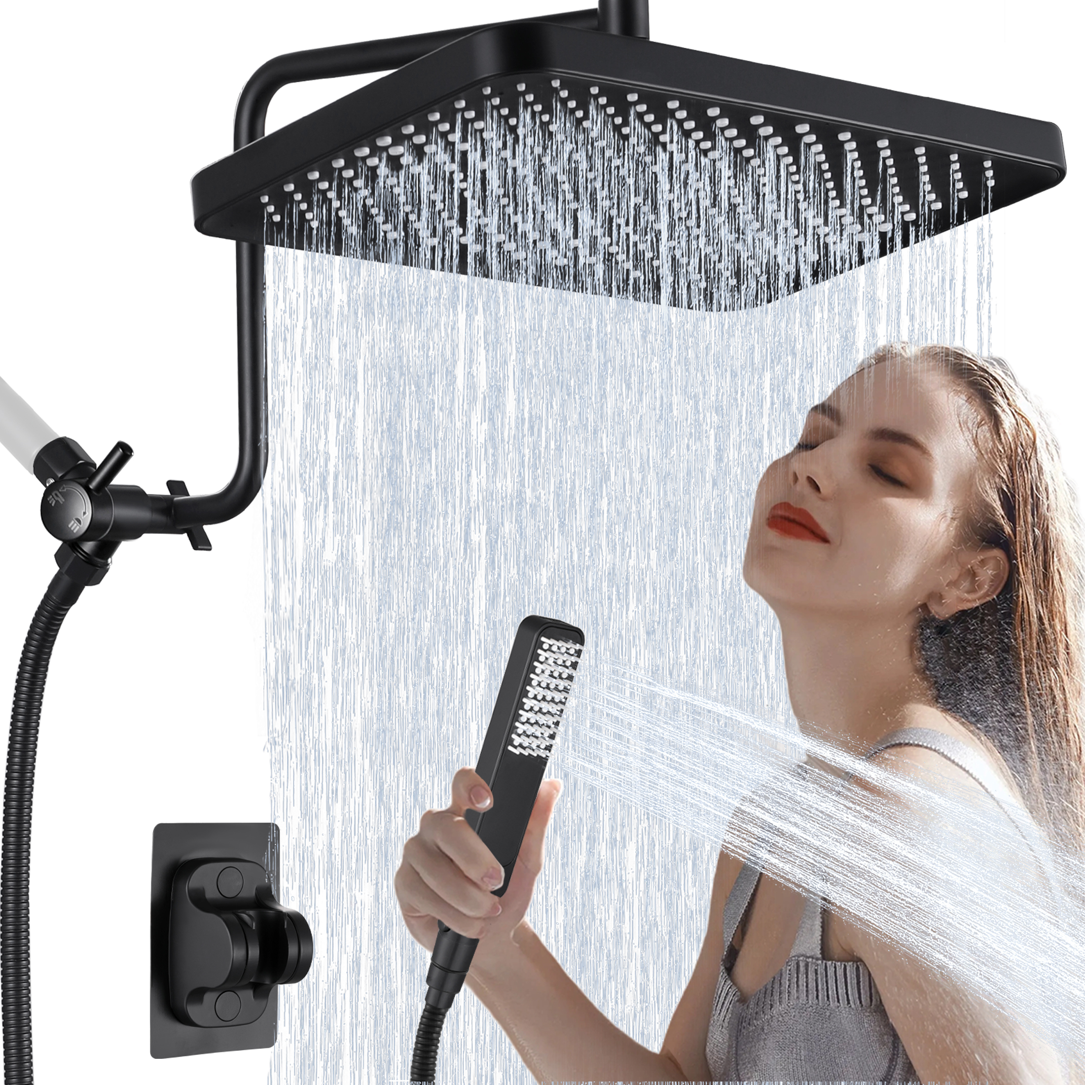 thumbnail video image 2 of 13-inch Large Rain Shower Head System, Dual Head Combo with Handheld, High Pressure Square Rainfall, 3-Way Metal Diverter, Adjustable Extension Arm，Chrome, 2 of 10