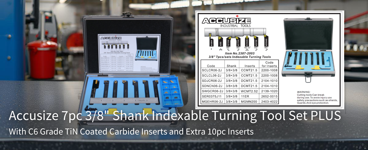 thumbnail video image 2 of Accusize Industrial Tools 3/8'' Shank 7 Pc Indexable Carbide Turning Tool Set with 10 Extra Carbide Inserts in Fitted Box, 2387-2003PLUS, 2 of 14