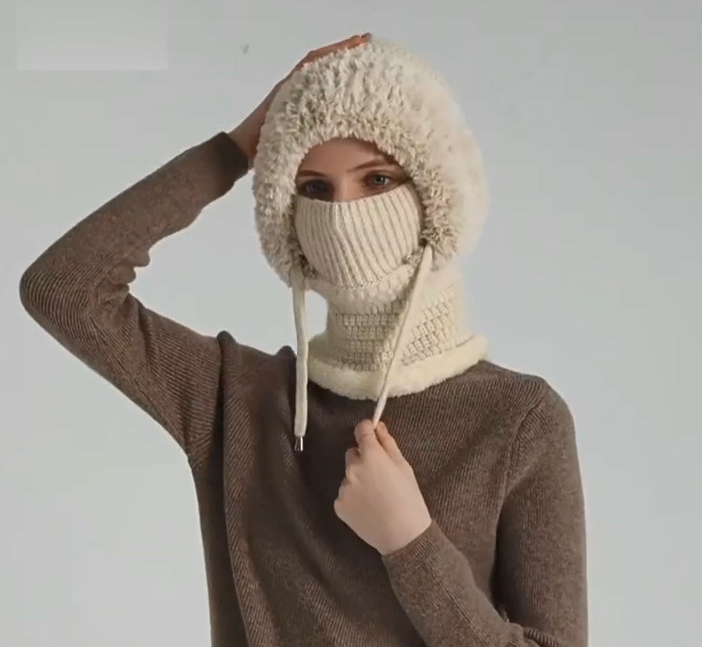 thumbnail video image 2 of 3 in 1 Beanie Hat for Women, Womens Balaclava Winter, Cold Knitted Hats Wind Resistant Hooded Scarf, Thick Plush-Lined, 2 of 10