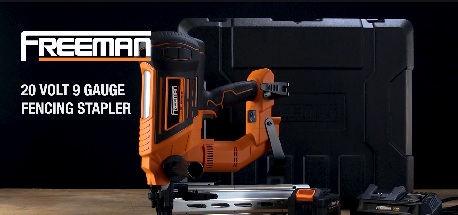 thumbnail video image 2 of Freeman PE20VTFS9 20 Volt Cordless and Brushless 9-Gauge 2" Fencing Stapler with T-Handle (Tool Only) – 750 Shots per Charge, 2 of 9