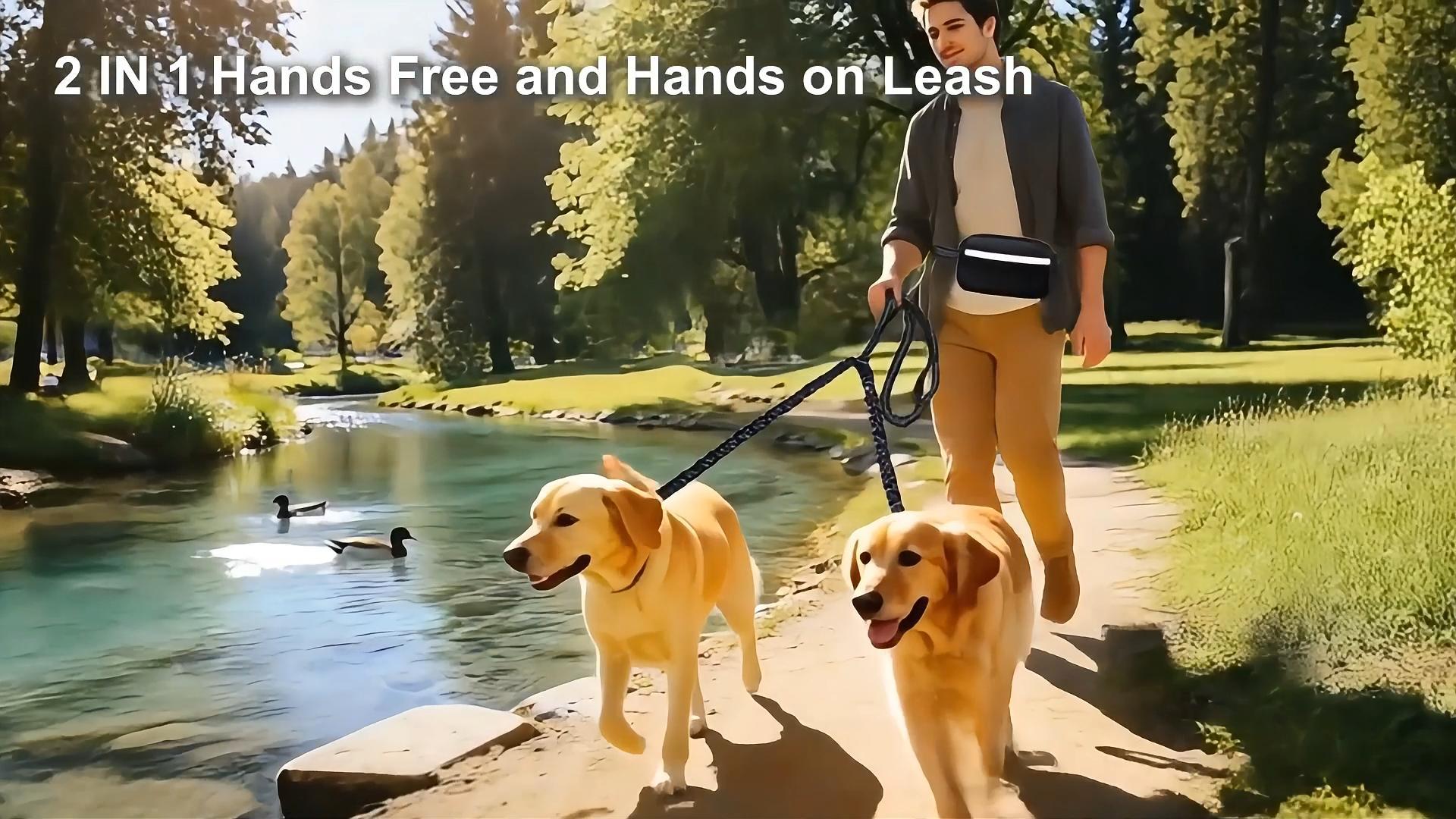 thumbnail video image 2 of TIOVERY Hands Free Double Dog Leash with Pouch, Dual Leash for 2 Dogs with Reflective Padded Handles, Durable Bungee and Lumbar Waist Belt for Walking, Jogging and Running (Medium/Large, 25-120 lbs), 2 of 8