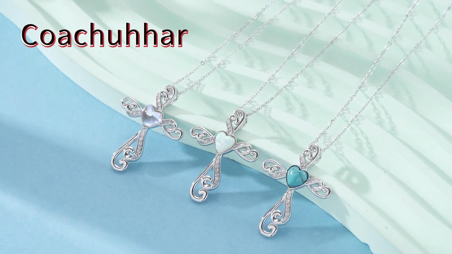 thumbnail video image 2 of Coachuhhar Cross Necklace 925 Sterling Silver Heart Moonstone/Turquoise Pendant Necklace Cross Jewelry Gifts for Women, 2 of 8
