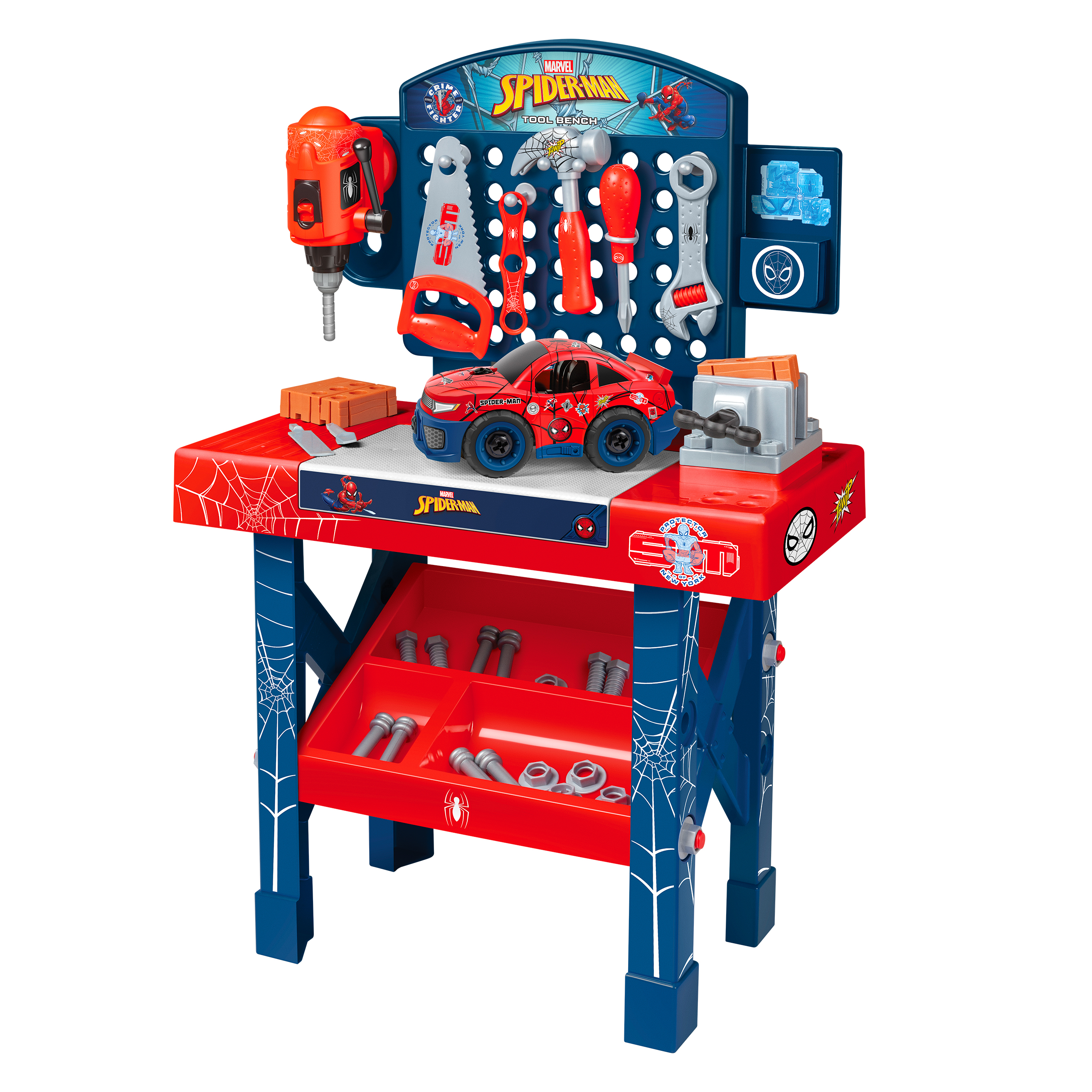 thumbnail video image 2 of Marvel Spider-Man Tool Bench Playset with Take-Apart Car and 84 Accessories, Ages 3+, 2 of 9