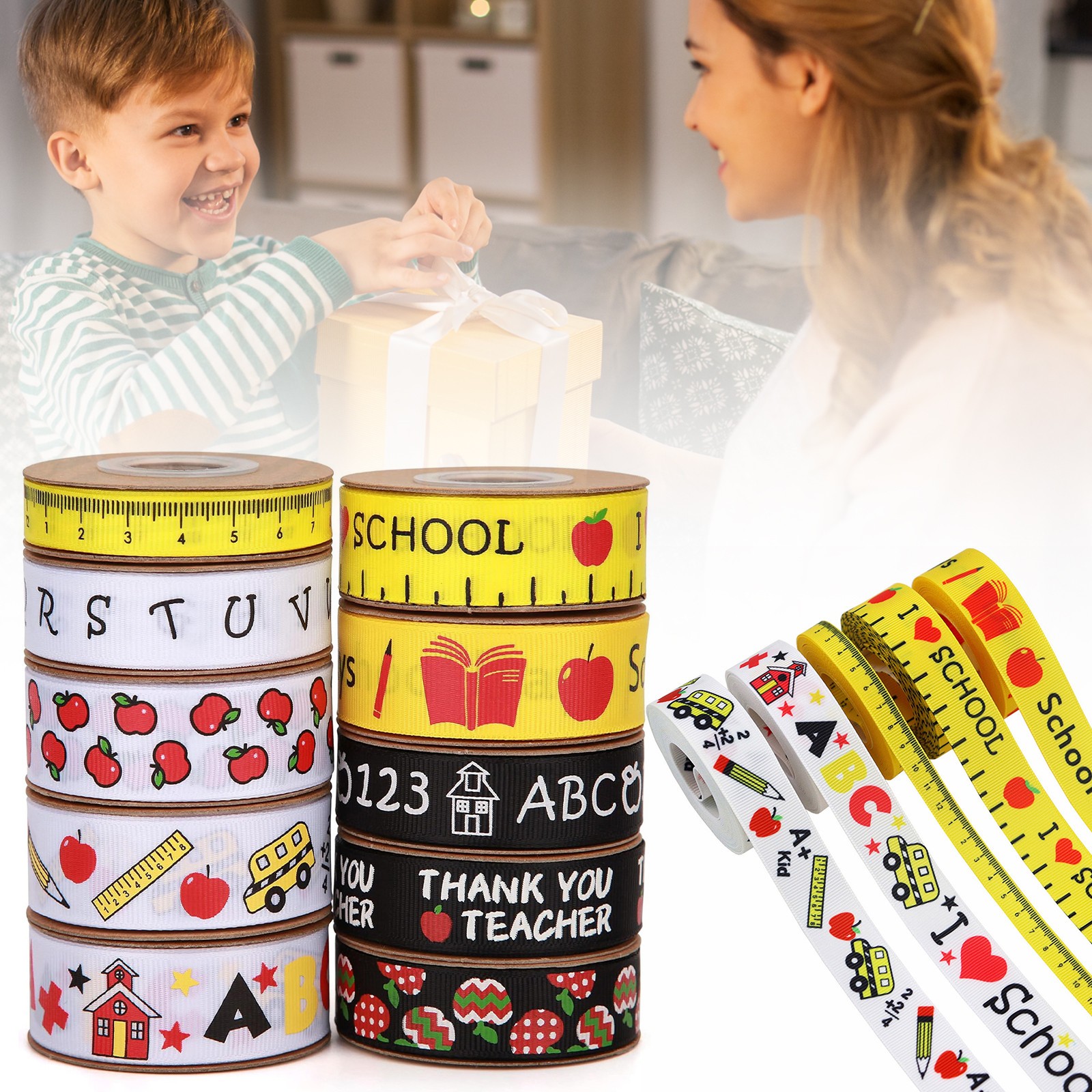 thumbnail video image 2 of CoreLiving Back to School Themed Ribbon Grosgrain Craft Roll with Ruler, Apple, Pencil, Bus, Book Prints for Teacher Appreciation Gifts, Wreath Making, 0.4 Inch x 10 Yard, 2 of 10
