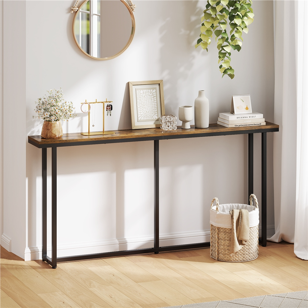 thumbnail video image 2 of Renwick 63" L Modern Extended Console Table for Hallway Living Room, Rustic Brown, 2 of 9