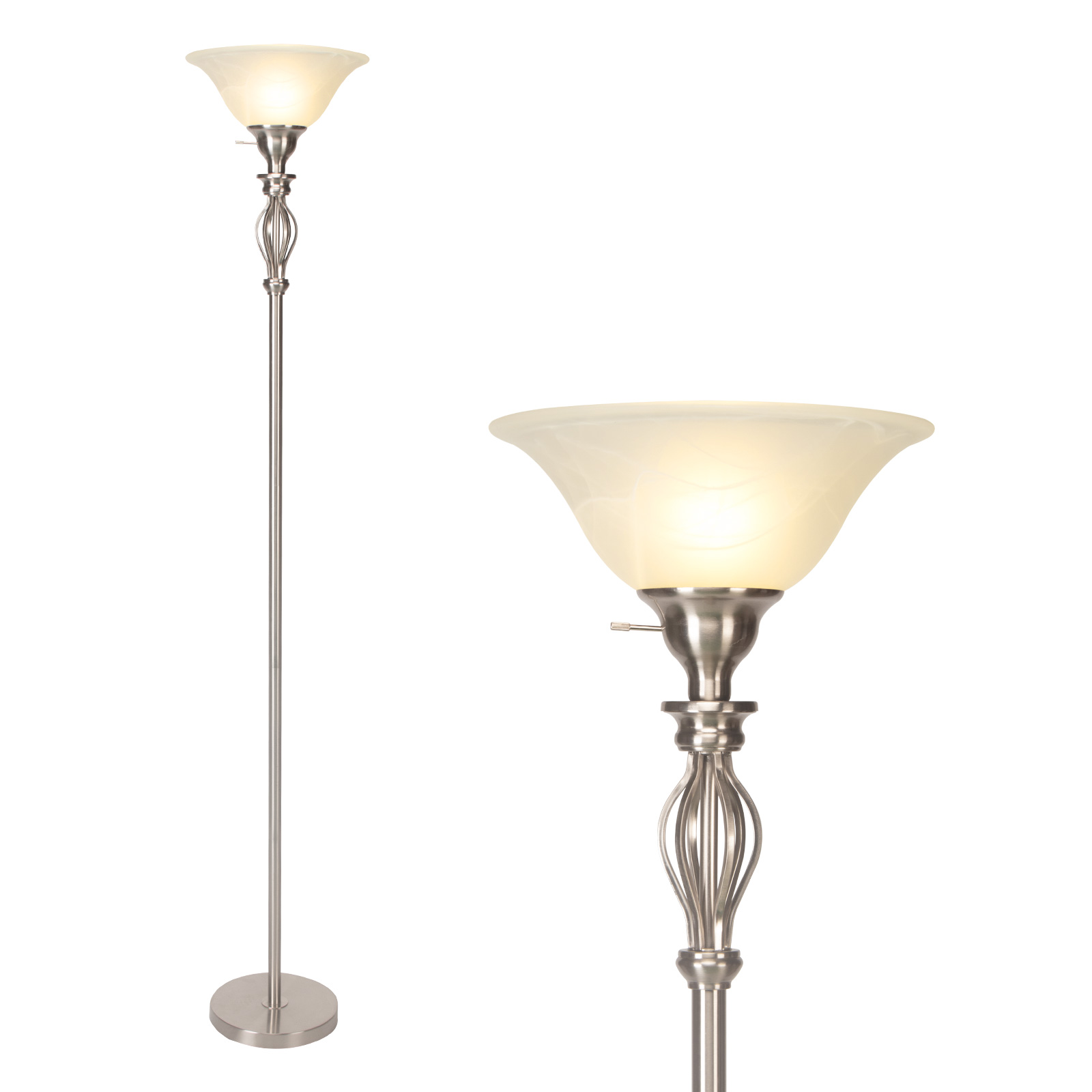 thumbnail video image 2 of HonoDing 72"Torchiere Floor Lamps for Living Room, with White Alabaster Glass Shade,Brush Nickel, 2 of 7