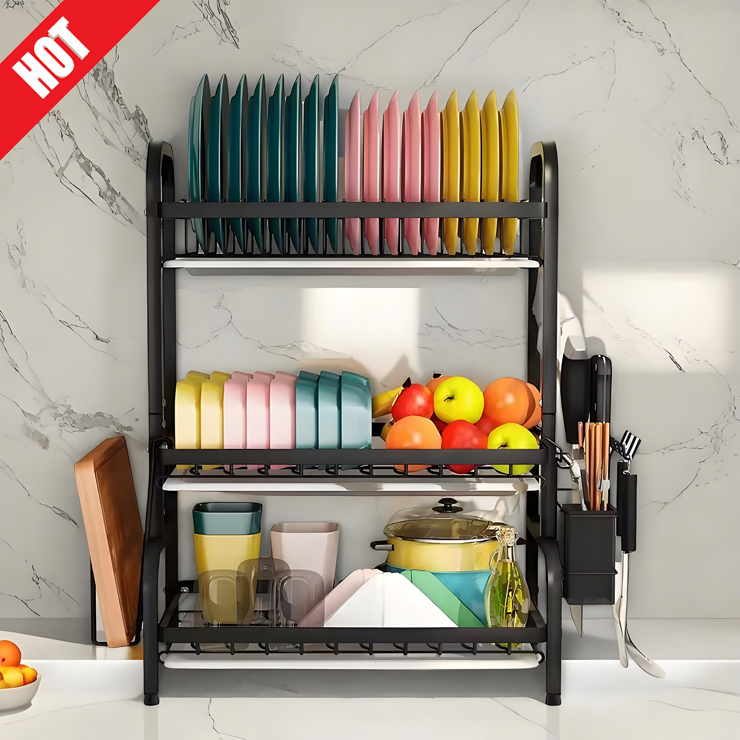 thumbnail video image 2 of KRKZ 3-Tier Stainless Steel Dish Rack with Utensil Holder & Drain Tray, Space-Saving (Black), 2 of 9