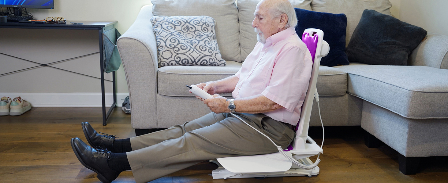 thumbnail video image 2 of Electric Chair Lift for Senior,Remote Control Floor Lift with Padded Backseat,Bathtub Lift Elderly from Floor,Net Weight 24 LBS,Support Max 308 LBS,Safety and Waterproof Design(Purple), 2 of 11