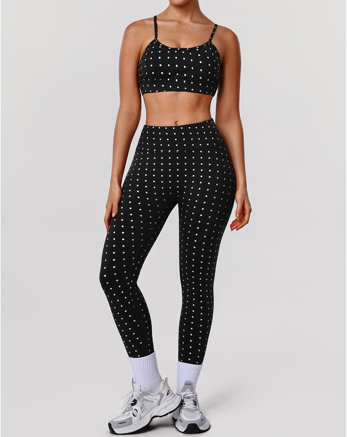 thumbnail video image 2 of PISONIC Polka Point Workout Sets for Women 2 Piece Spaghetti Straps Cross Back Sports Bra Matching High Waist Legging Gym Yoga Pilates Outfits, 2 of 11
