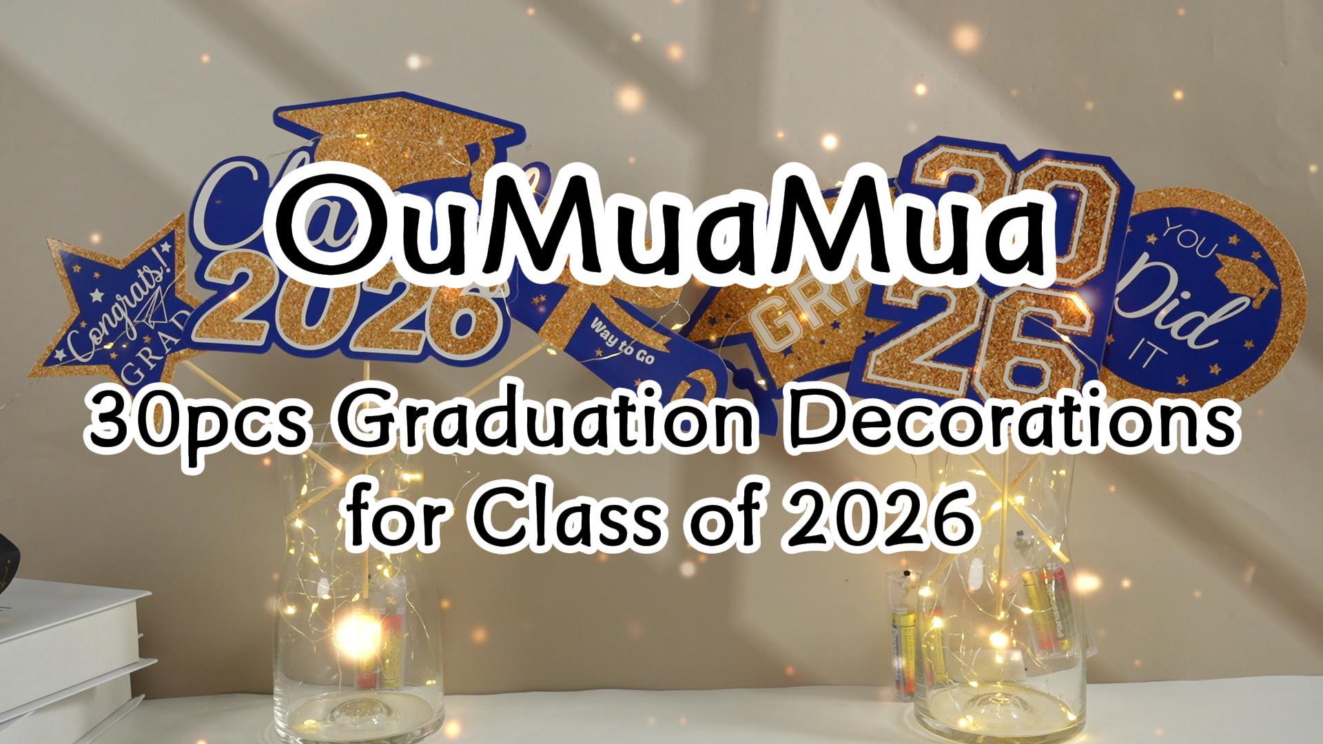 thumbnail video image 2 of OuMuaMua Graduation Decorations Class of 2026-30pcs Blue and Gold Graduation Table Centerpieces Sticks Table Toppers with Lights for College High School Congrats Grad Party Supplies, 2 of 9