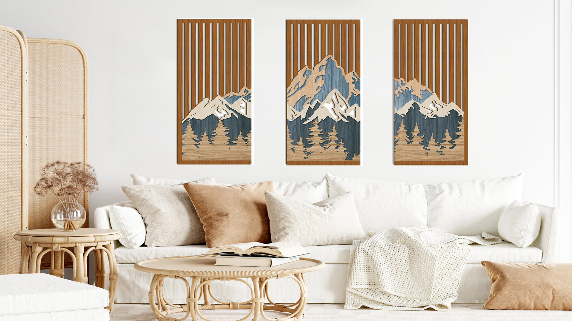 thumbnail video image 2 of Frame Modern Abstract Mountain Wall Art, Set of 3 Wooden Landscape Panels for Wall Decor, Large Forest Scenery in Brown for Living Room, Bedroom, Office, 16x32 Inches, 2 of 9
