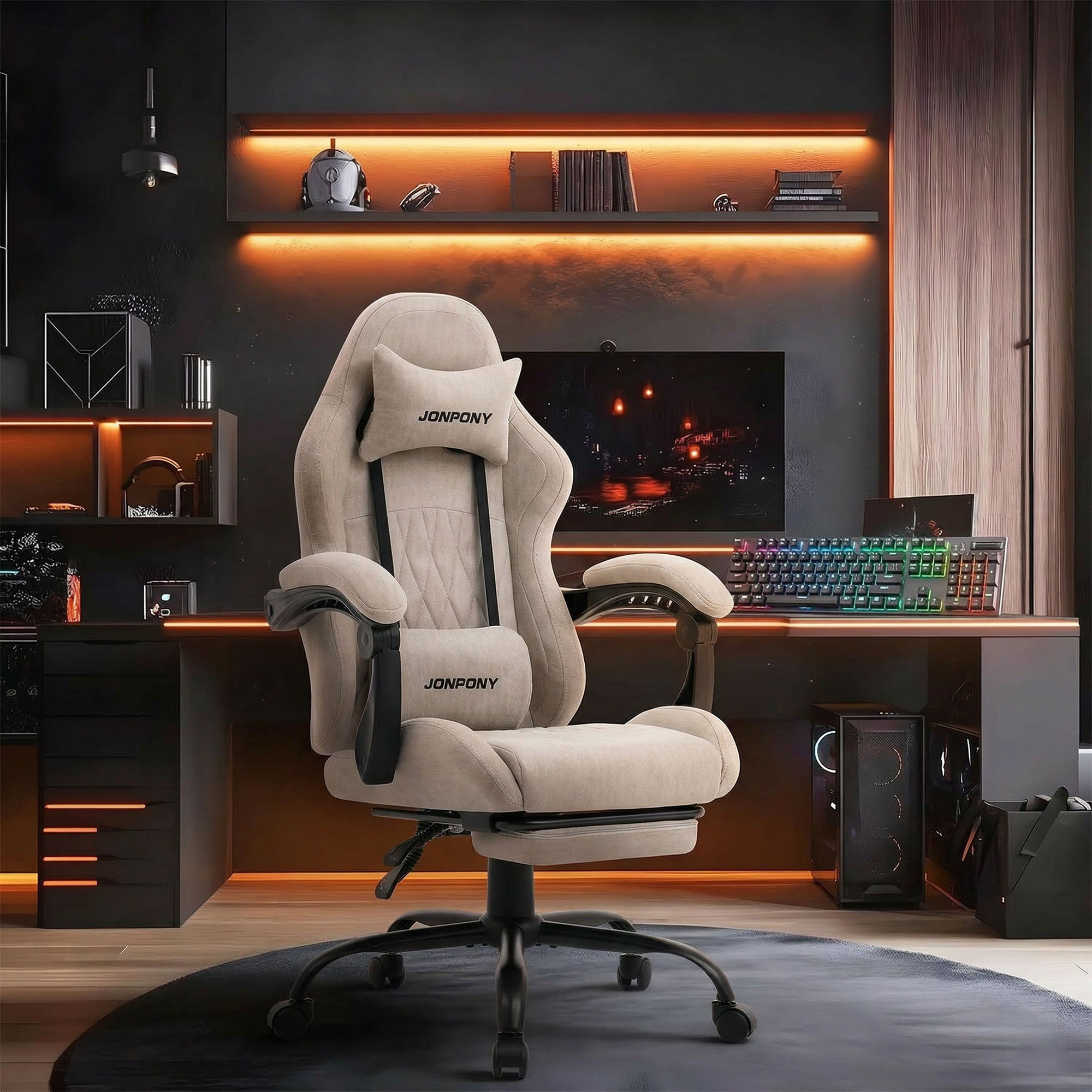 thumbnail video image 2 of JONPONY Big and Tall Gaming Chair with Bluetooth Speakers, Ergonomic Computer Chair with Footrest and Lumbar Support, Adjustable Height Reclining Seat with Linkage Armrests for Adults,Light Grey, 2 of 9