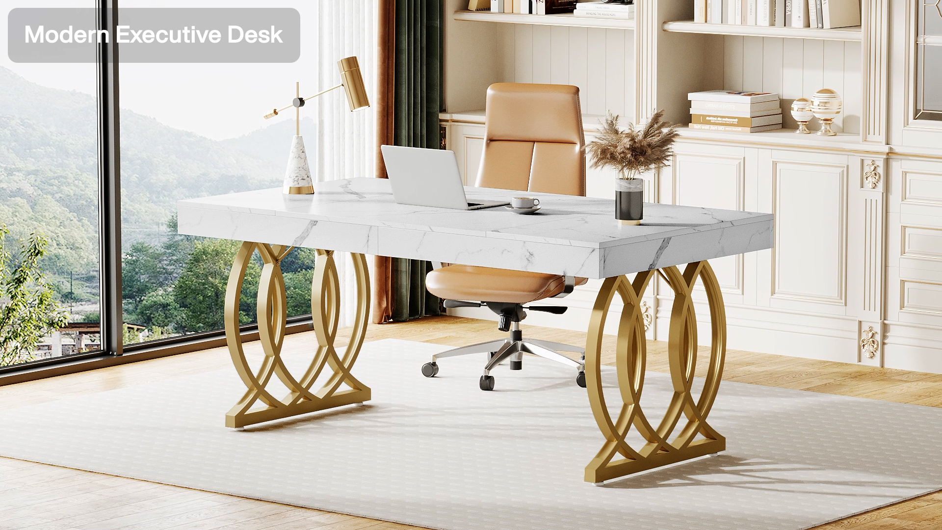 thumbnail video image 2 of Tribesigns 63-inch Executive Desk, Industrial Office Computer Desk with Geometric Legs, Rustic Brown and Black, 2 of 7