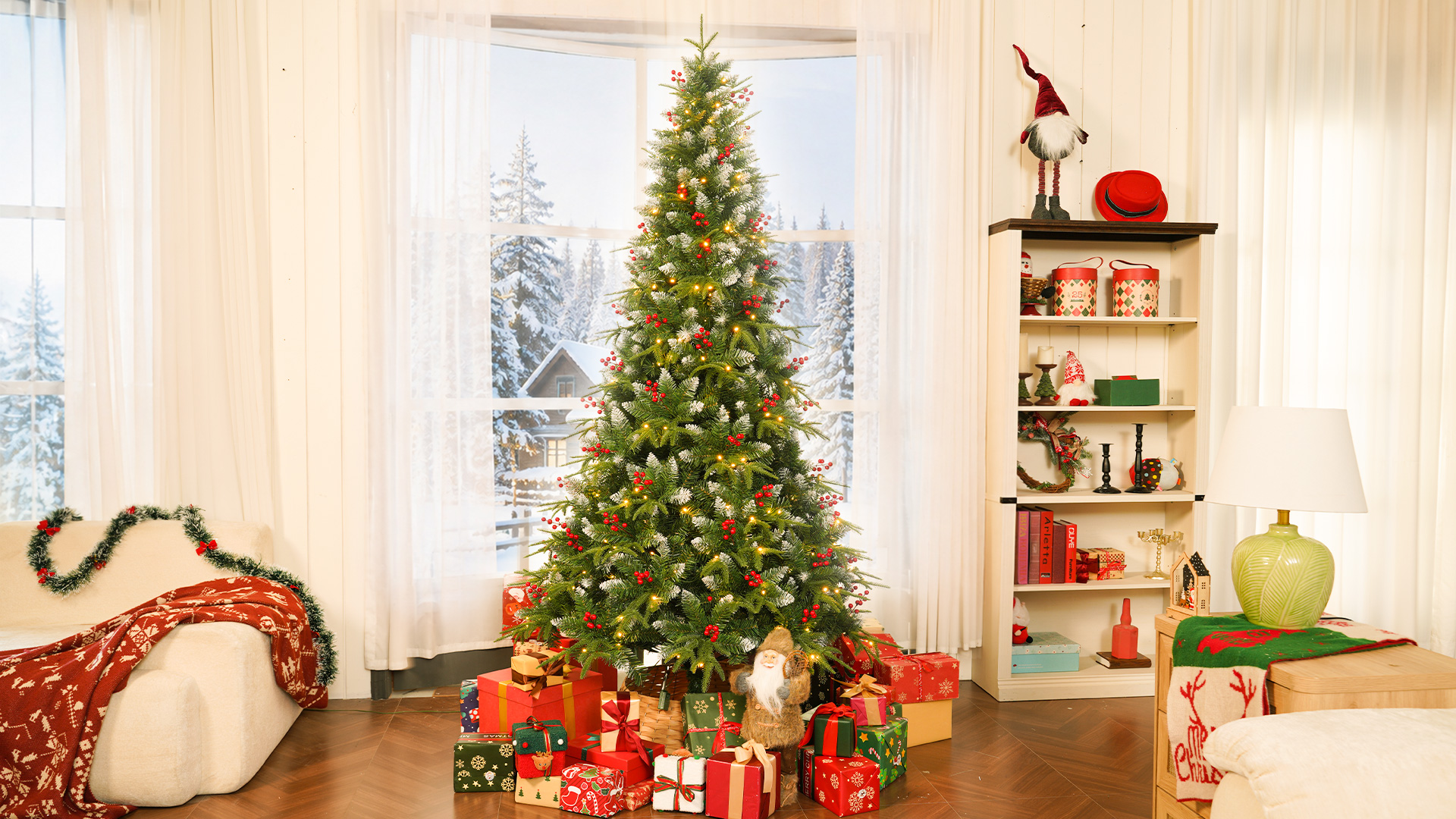thumbnail video image 2 of Yexmas 7.5ft Pre-Lit Artificial Christmas Trees,Green Xmas Tree with Large Christmas Tree Storage Bag, Berries, Realistic Artificial Christmas Trees for Home, Office, Party Decoration, 2 of 19