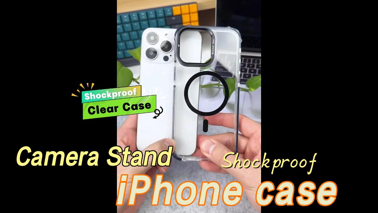 thumbnail video image 2 of Apple iPhone 13 / iPhone 14 Shockproof Heavy Duty Clear Case With Built In Camera Stand Kickstand Magnetic Cover Compatible With MagSafe, 2 of 9