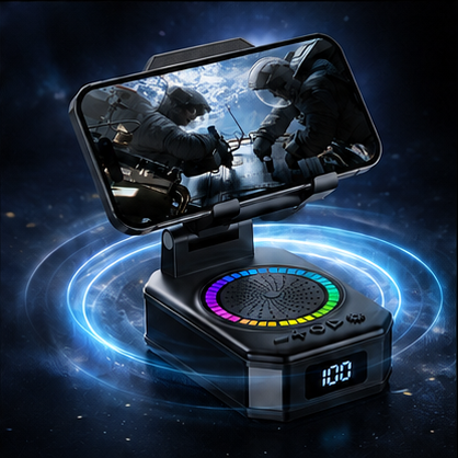 thumbnail video image 2 of Cillso Phone Stand with Bluetooth Speaker, Gifts for Men Women, Foldable Adjustable Desktop Phone Holder with HD Stereo Sound & LED Lights, 4-in-1 Tech Gadget Compatible with iPhone, Android & iPad, 2 of 9