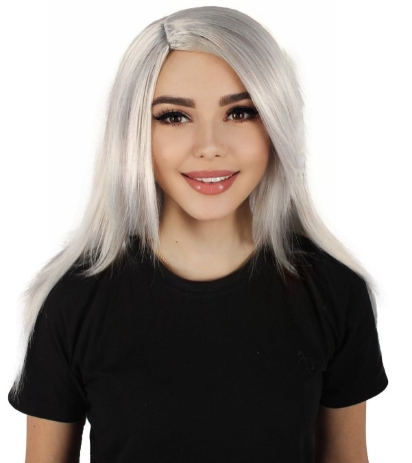 thumbnail video image 2 of HPO Adult Women’s Grey Straight Wig – Cosplay & Halloween Costume, Flame-Retardant Synthetic Fiber, 2 of 9